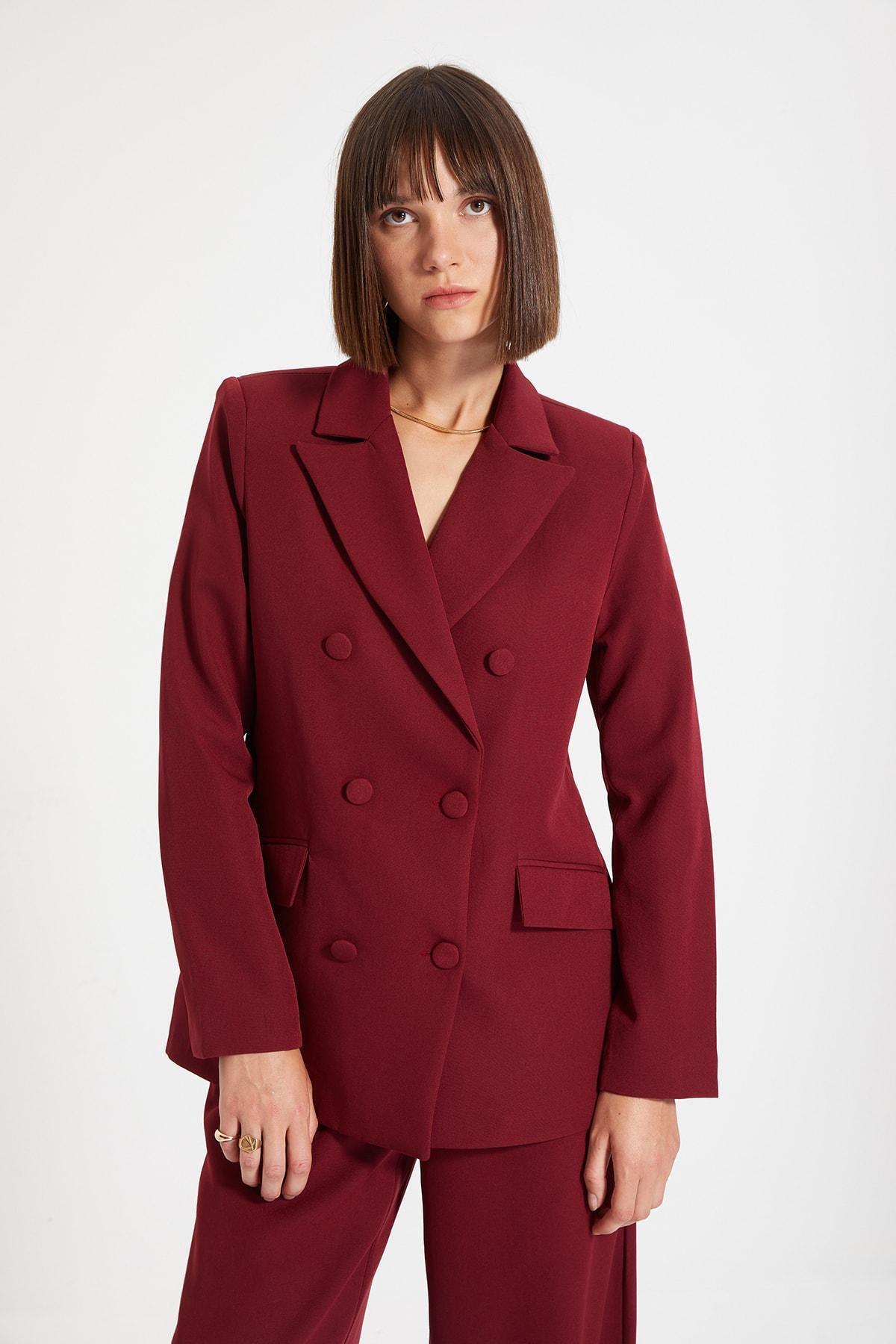 Burgundy Double Breasted Lapel Collar Blazer, Burgundy, medium