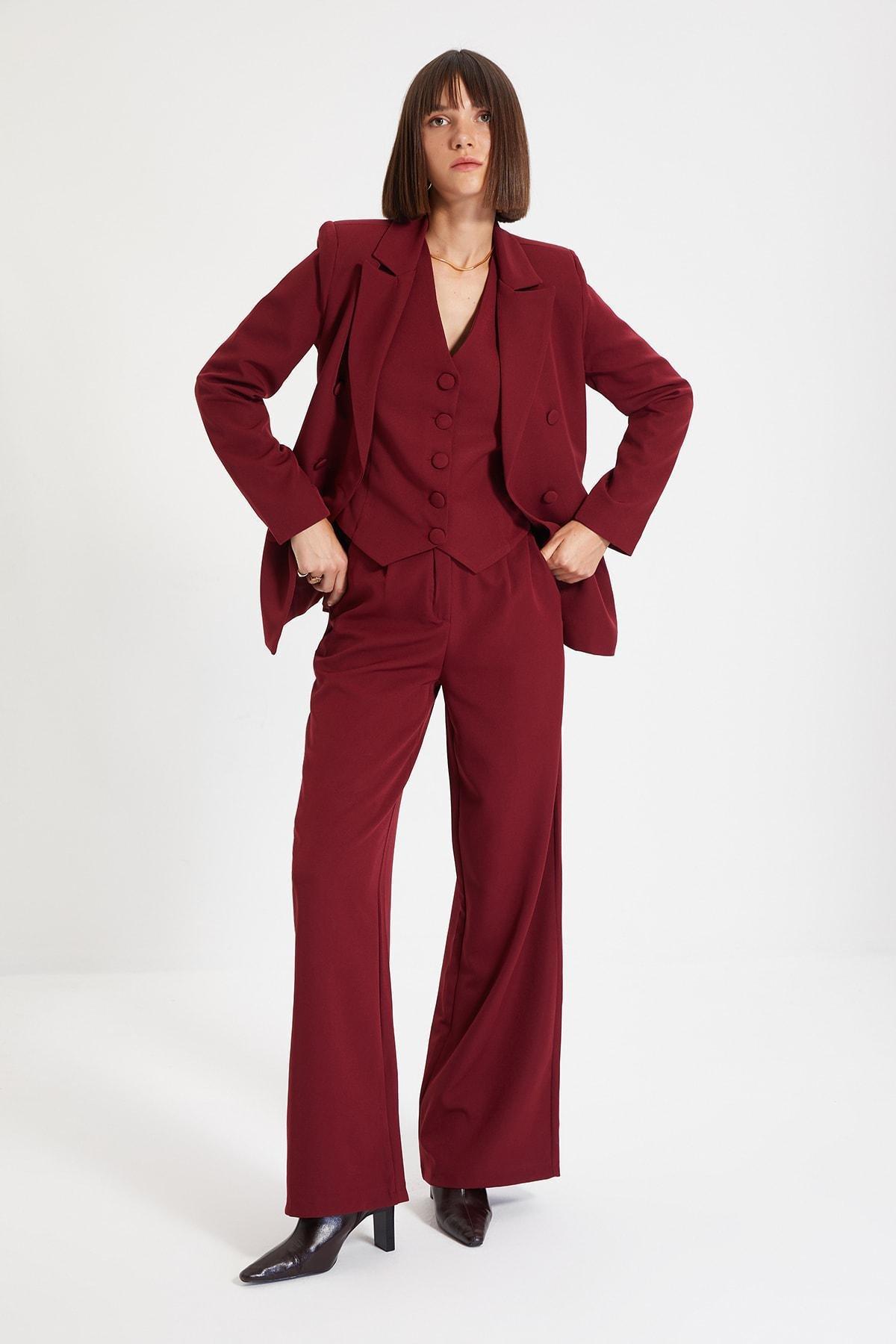 Burgundy Double Breasted Lapel Collar Blazer, Burgundy, medium