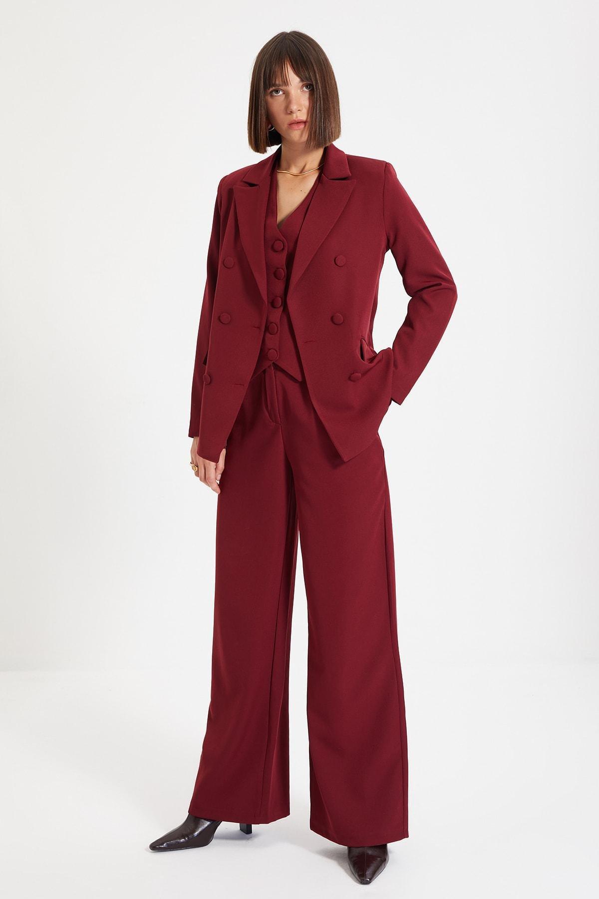 Burgundy Double Breasted Lapel Collar Blazer, Burgundy, large image number 3