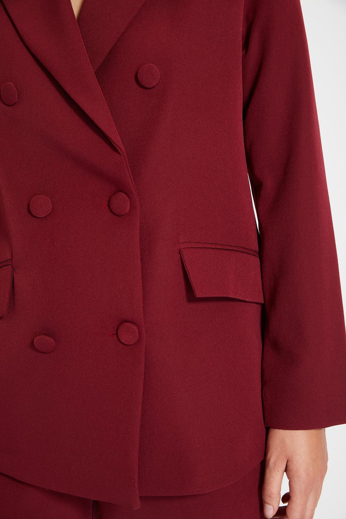 Burgundy Double Breasted Lapel Collar Blazer, Burgundy, large image number 4