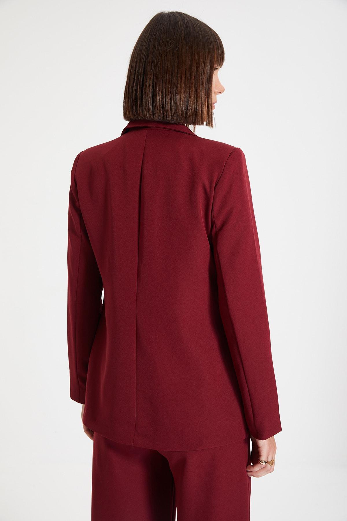 Burgundy Double Breasted Lapel Collar Blazer, Burgundy, large image number 5