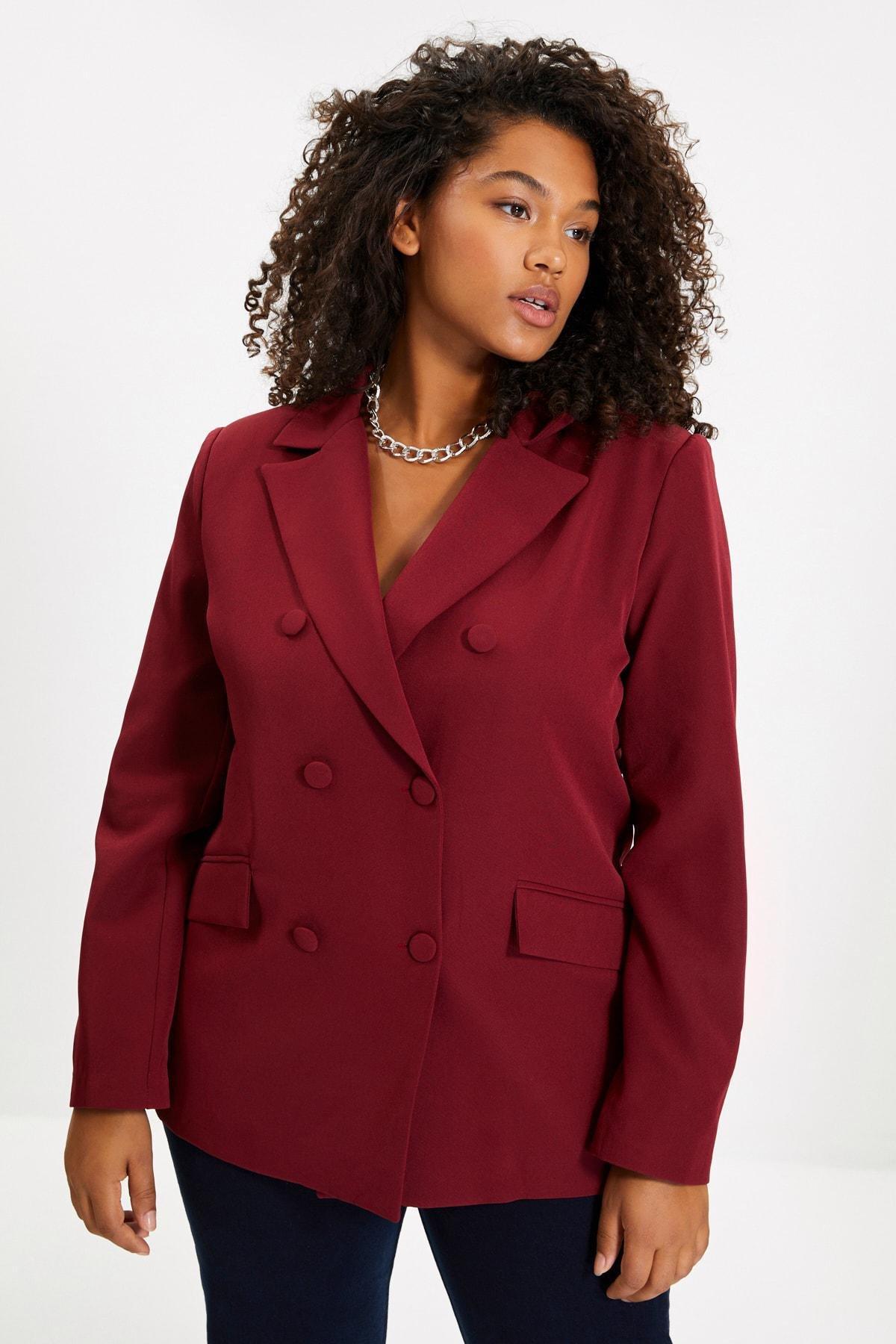 Burgundy Double Breasted Lapel Collar Blazer, , large image number 6