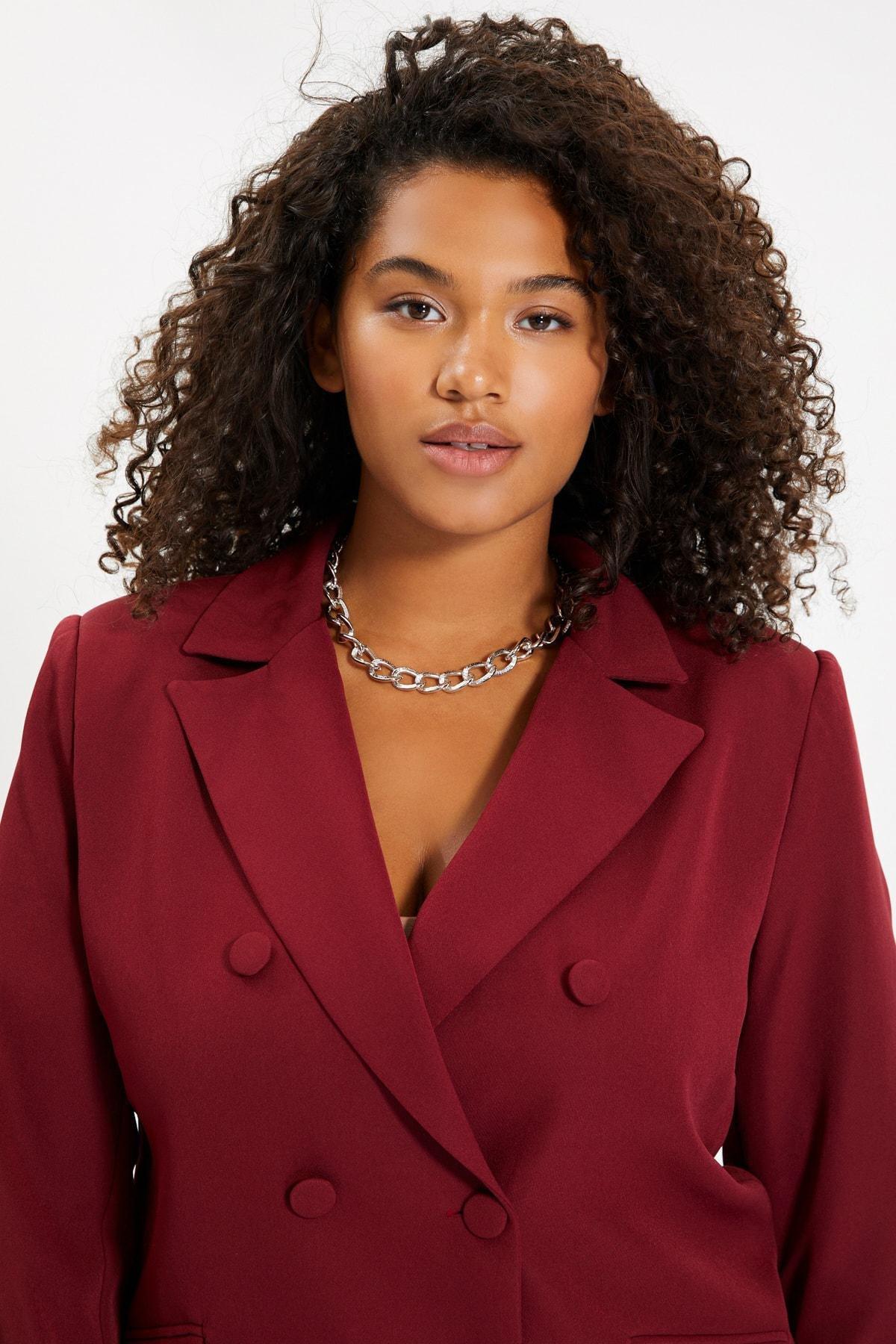 Burgundy Double Breasted Lapel Collar Blazer, , large image number 7