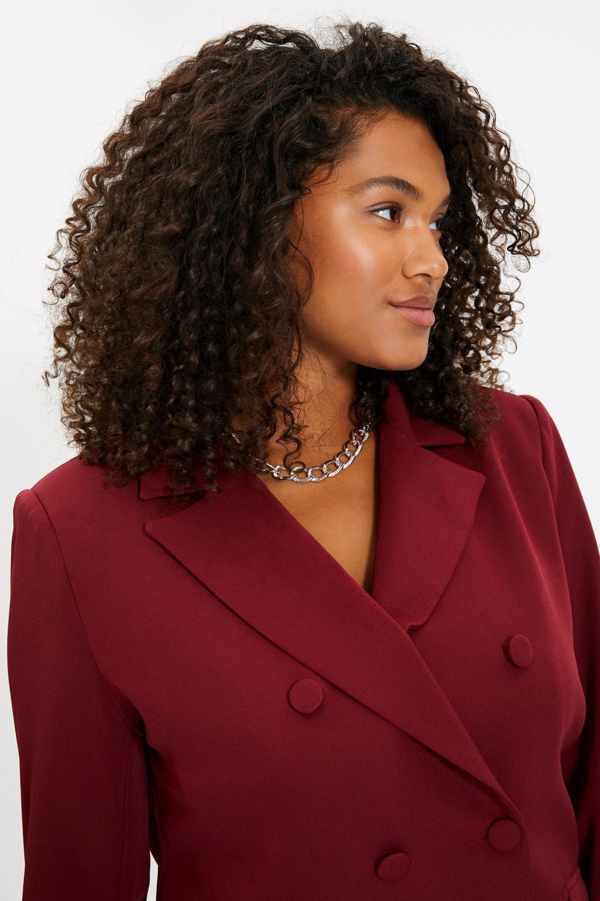 Burgundy Double Breasted Lapel Collar Blazer, , large image number 8