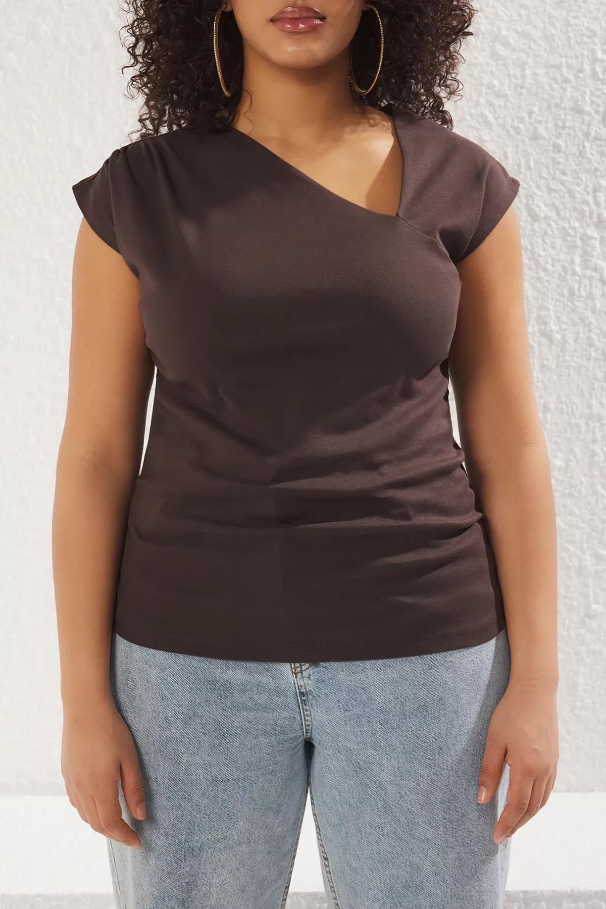 Brown Asymmetrical Cotton Plus Blouse, Brown, large image number 2