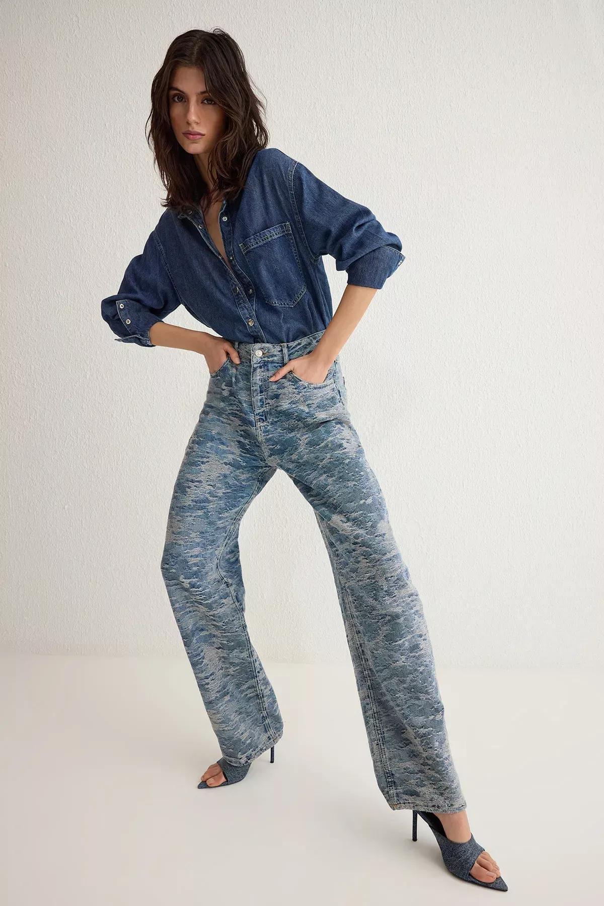 Blue Textured Low Waist Jeans, , large image number 0