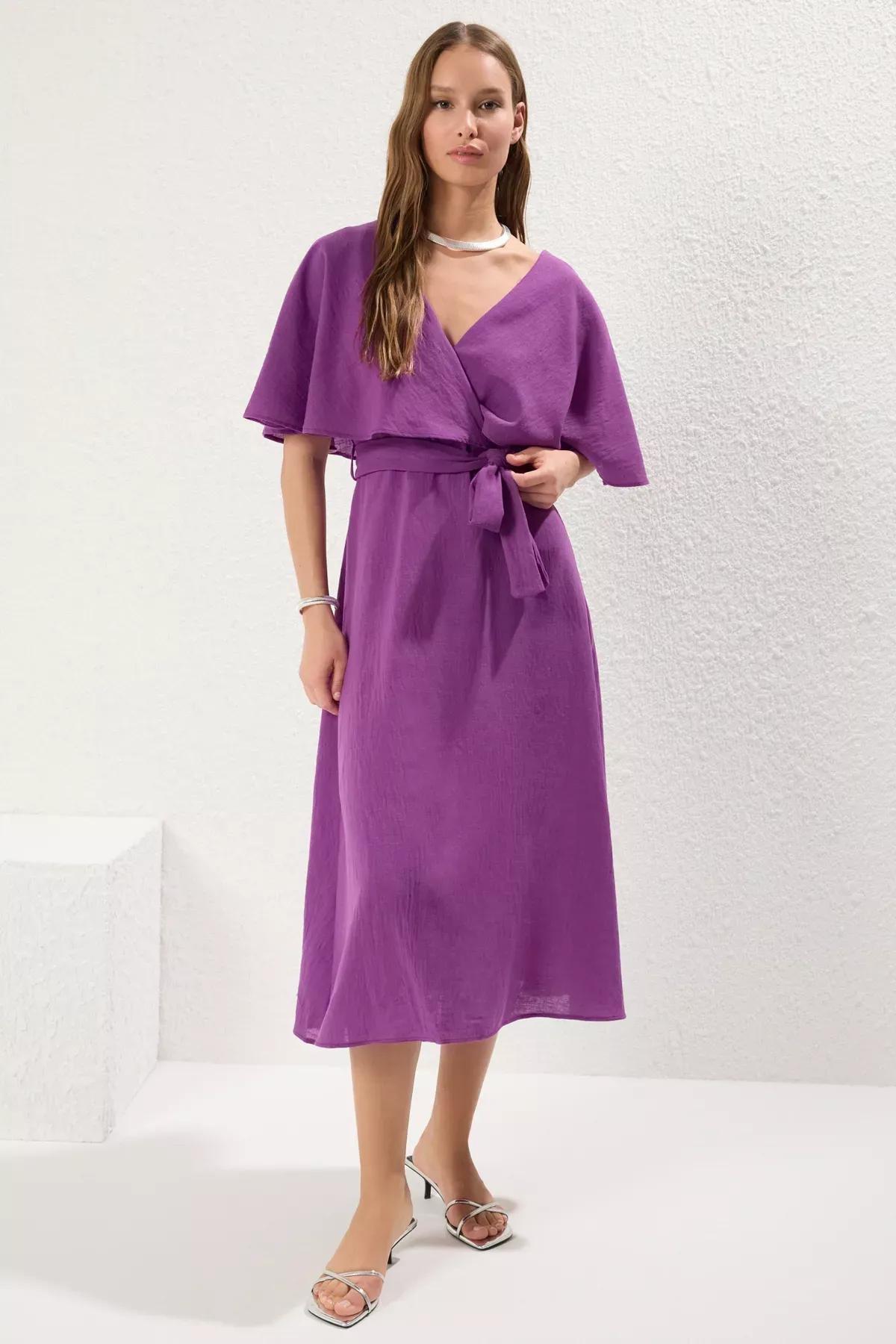 فستان بقصة إيه-لاين بفتحة رقبة V متقاطعة، بنفسجي, Purple, large image number 0