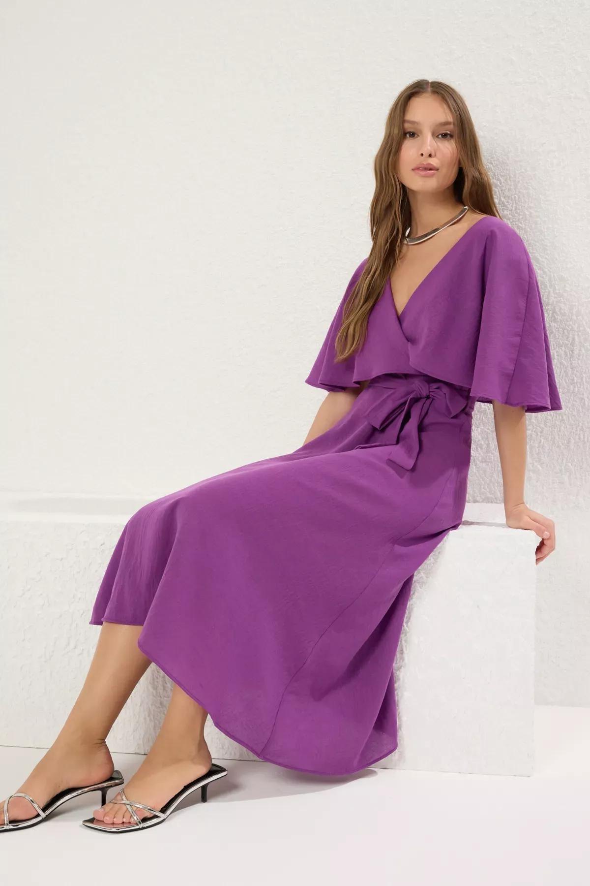 فستان بقصة إيه-لاين بفتحة رقبة V متقاطعة، بنفسجي, Purple, large image number 1