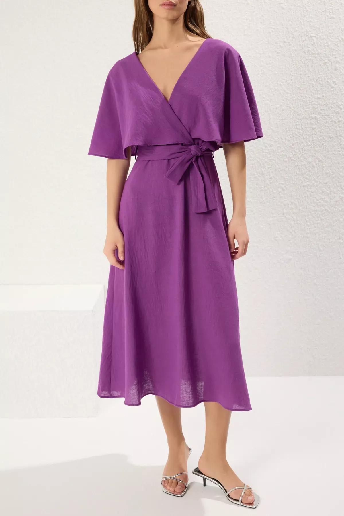 فستان بقصة إيه-لاين بفتحة رقبة V متقاطعة، بنفسجي, Purple, large image number 2