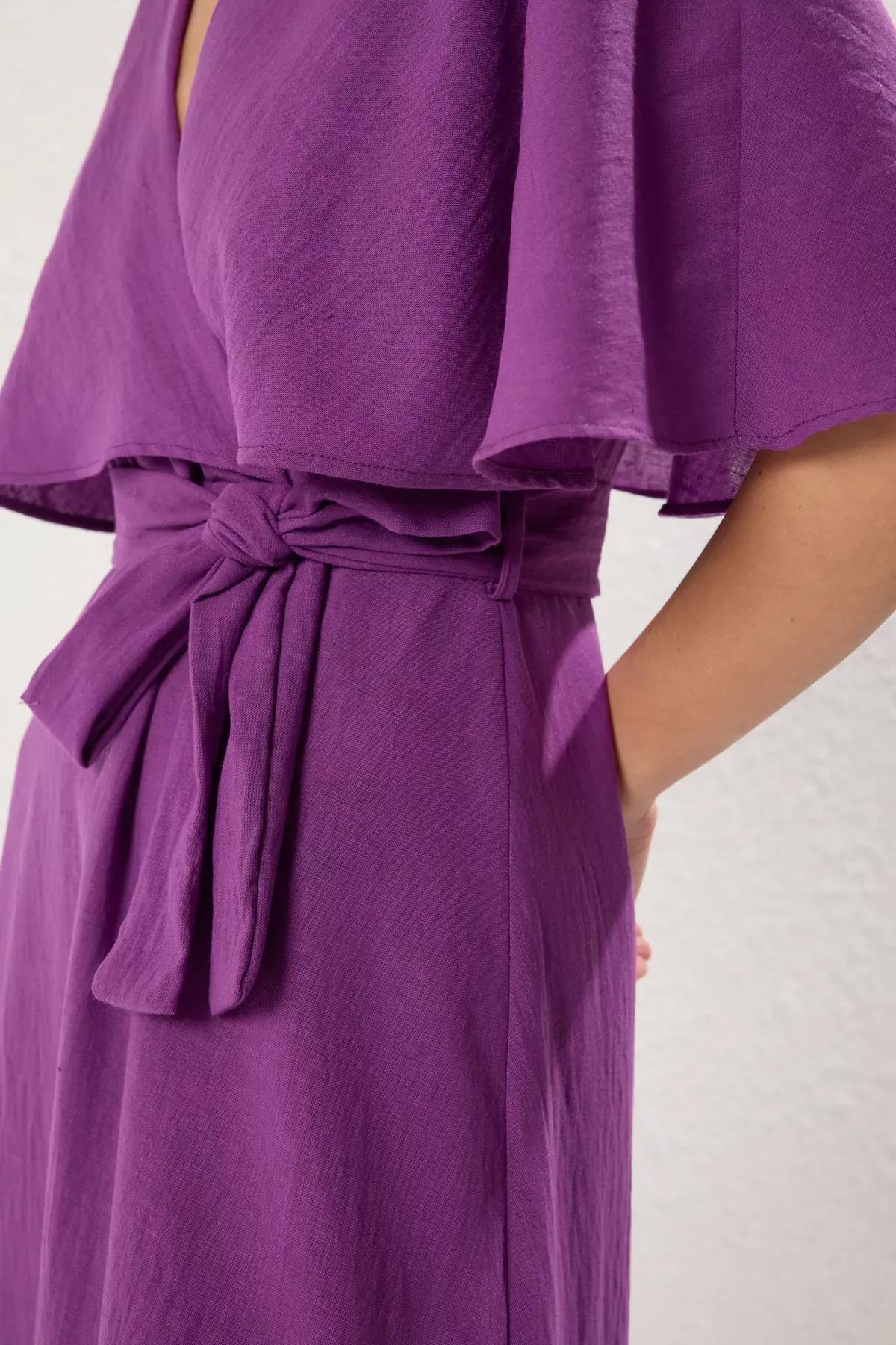 فستان بقصة إيه-لاين بفتحة رقبة V متقاطعة، بنفسجي, Purple, large image number 3