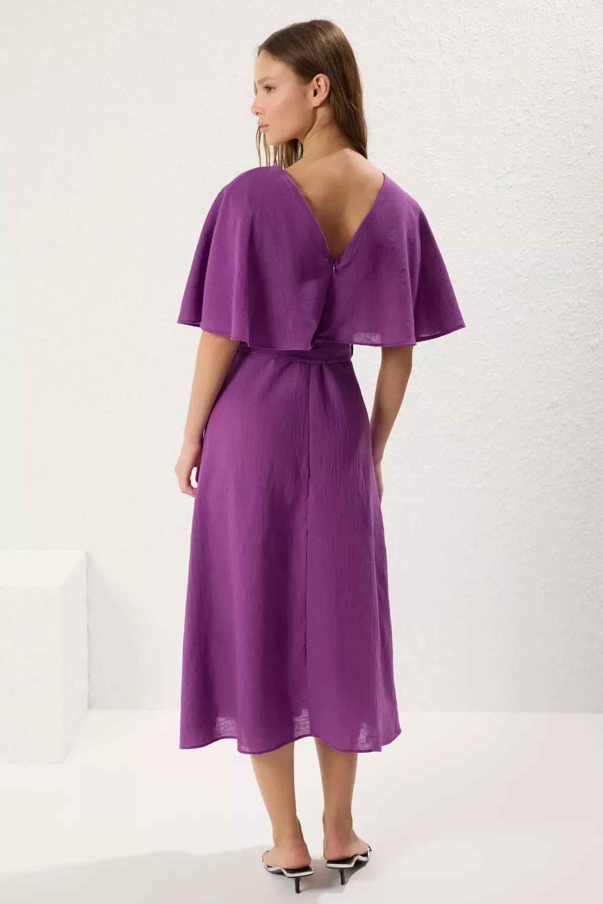 فستان بقصة إيه-لاين بفتحة رقبة V متقاطعة، بنفسجي, Purple, large image number 4