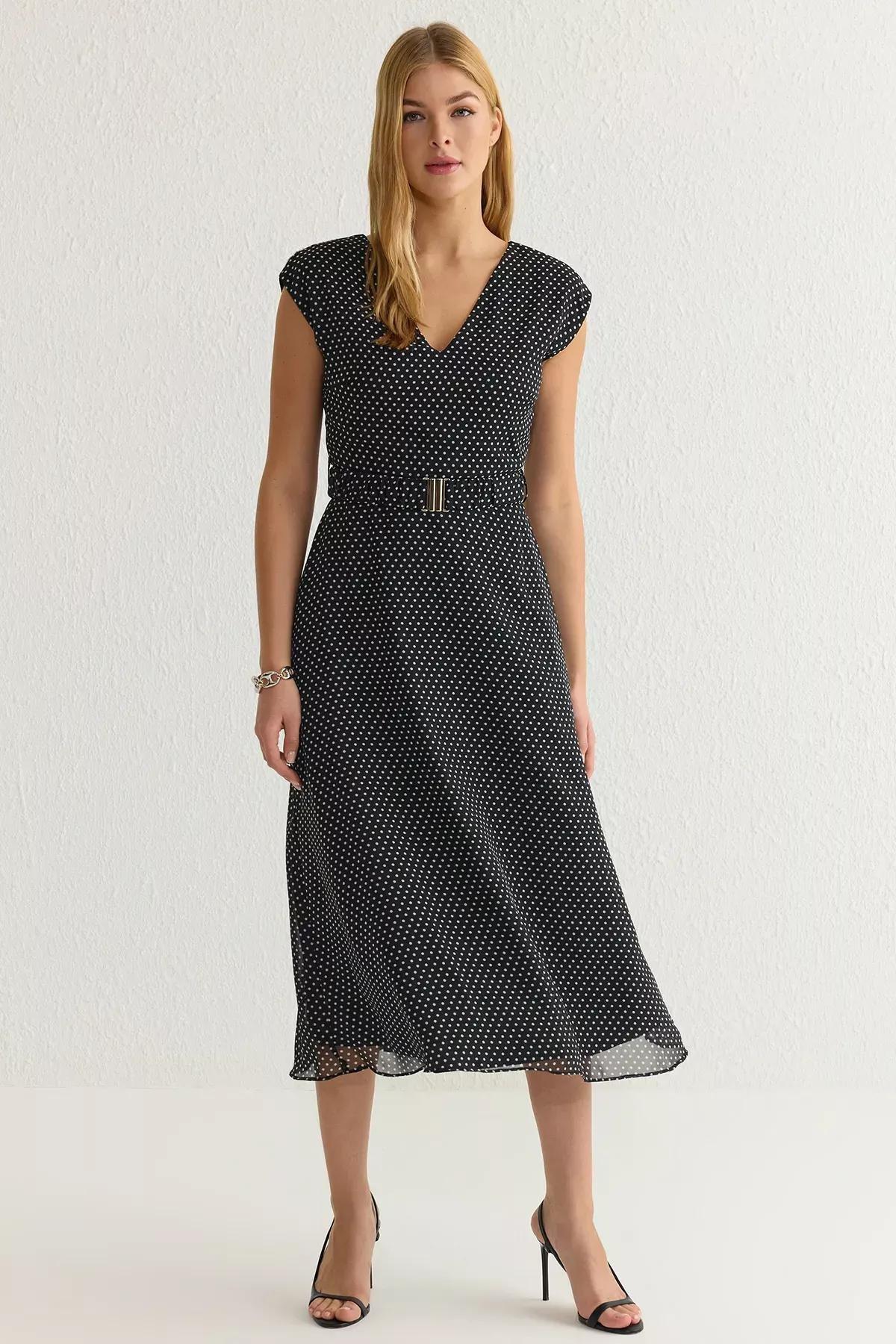 Black Belted Polka Dot Patterned Dress, , large image number 0