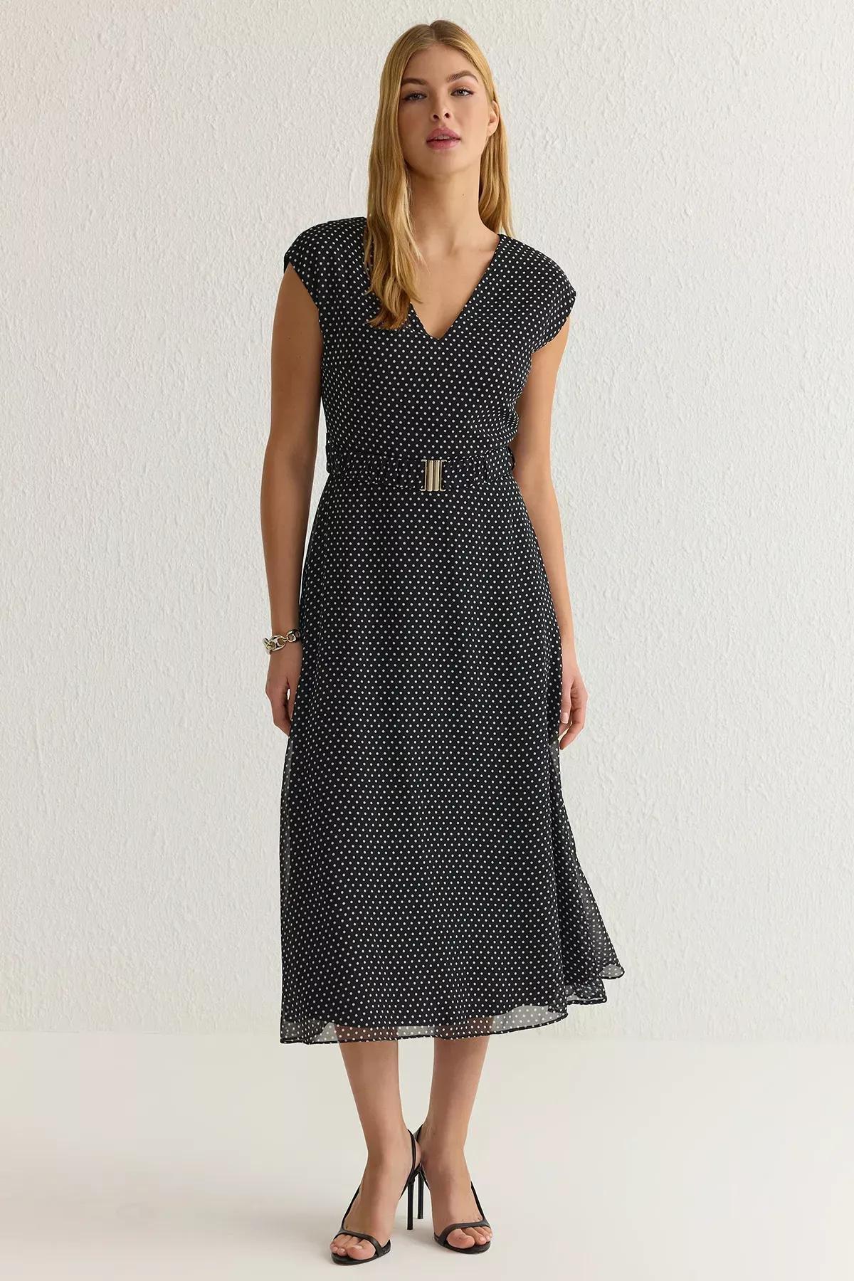 Black Belted Polka Dot Patterned Dress, , large image number 1