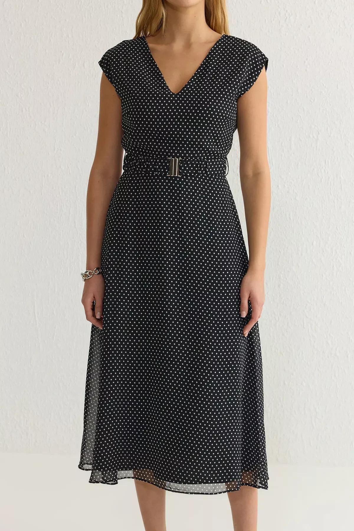 Black Belted Polka Dot Patterned Dress, , large image number 3