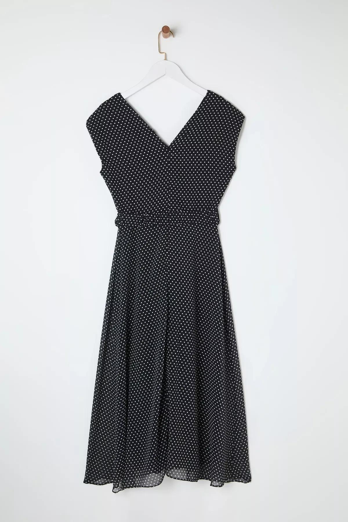 Black Belted Polka Dot Patterned Dress, , large image number 7