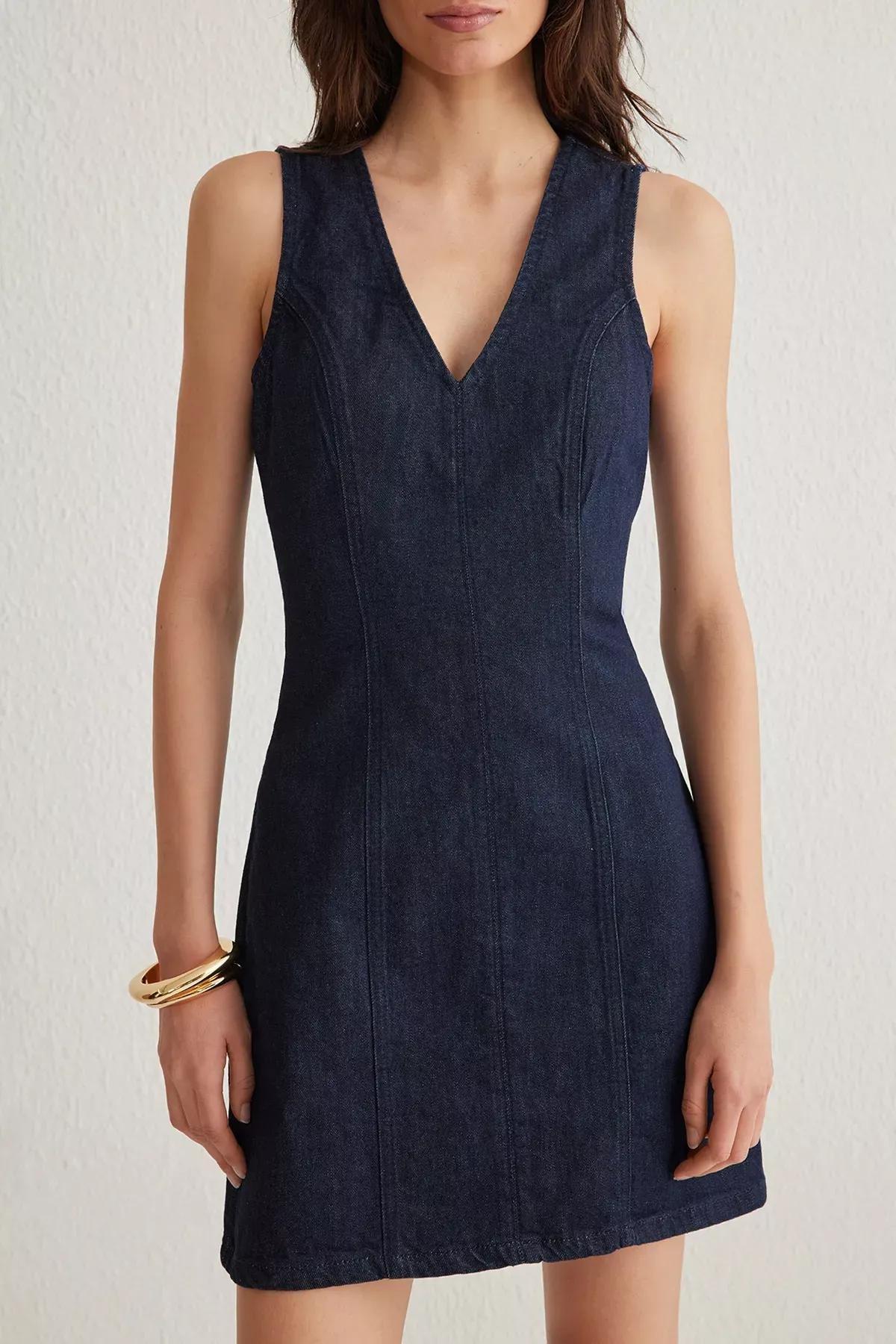 Blue V-Neck Mini Denim Dress, , large image number 2