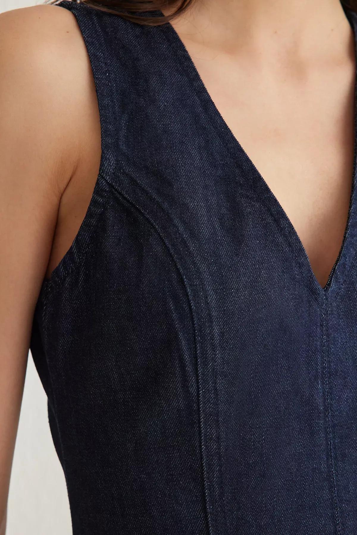 Blue V-Neck Mini Denim Dress, , large image number 3