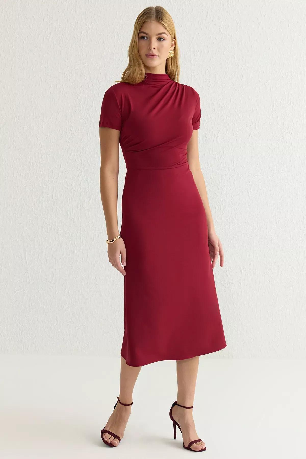 Burgundy Knitted Mixed Midi Woven Dress, , large image number 0