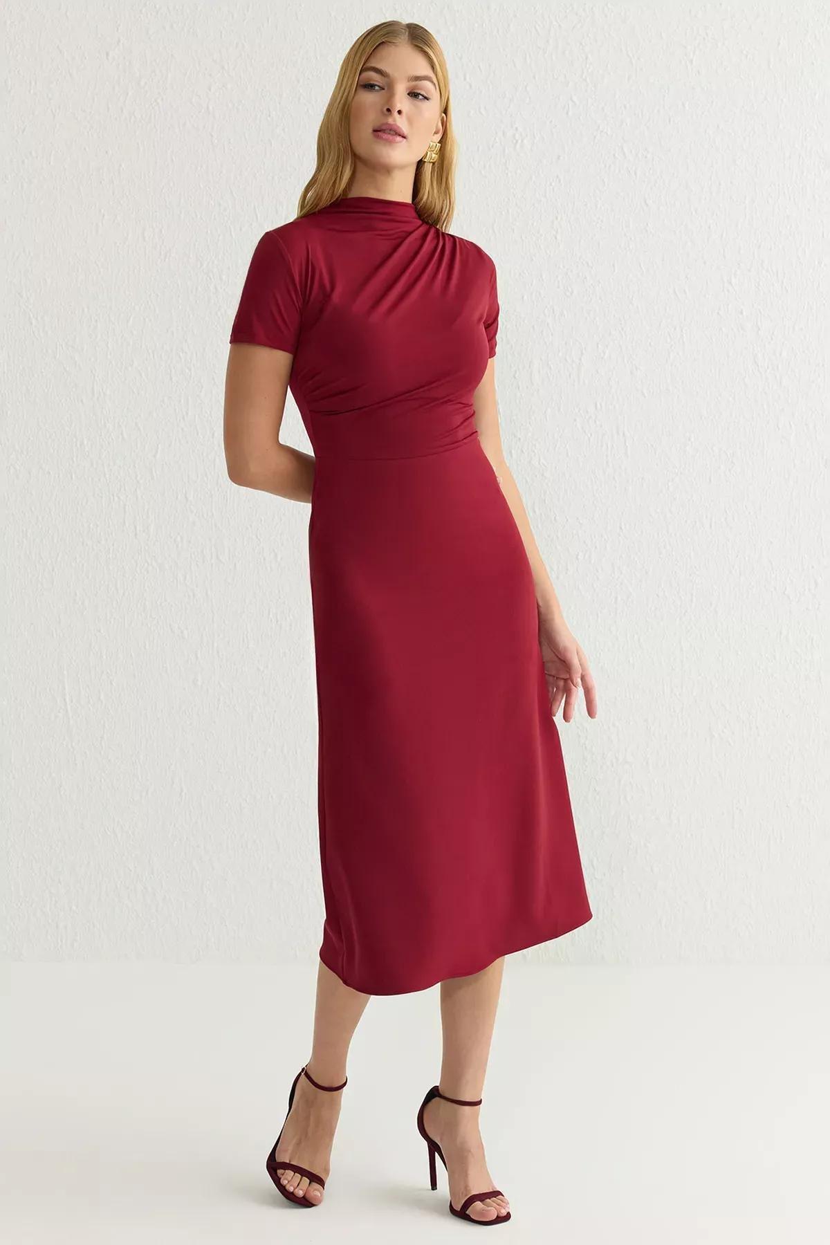 Burgundy Knitted Mixed Midi Woven Dress, , large image number 1