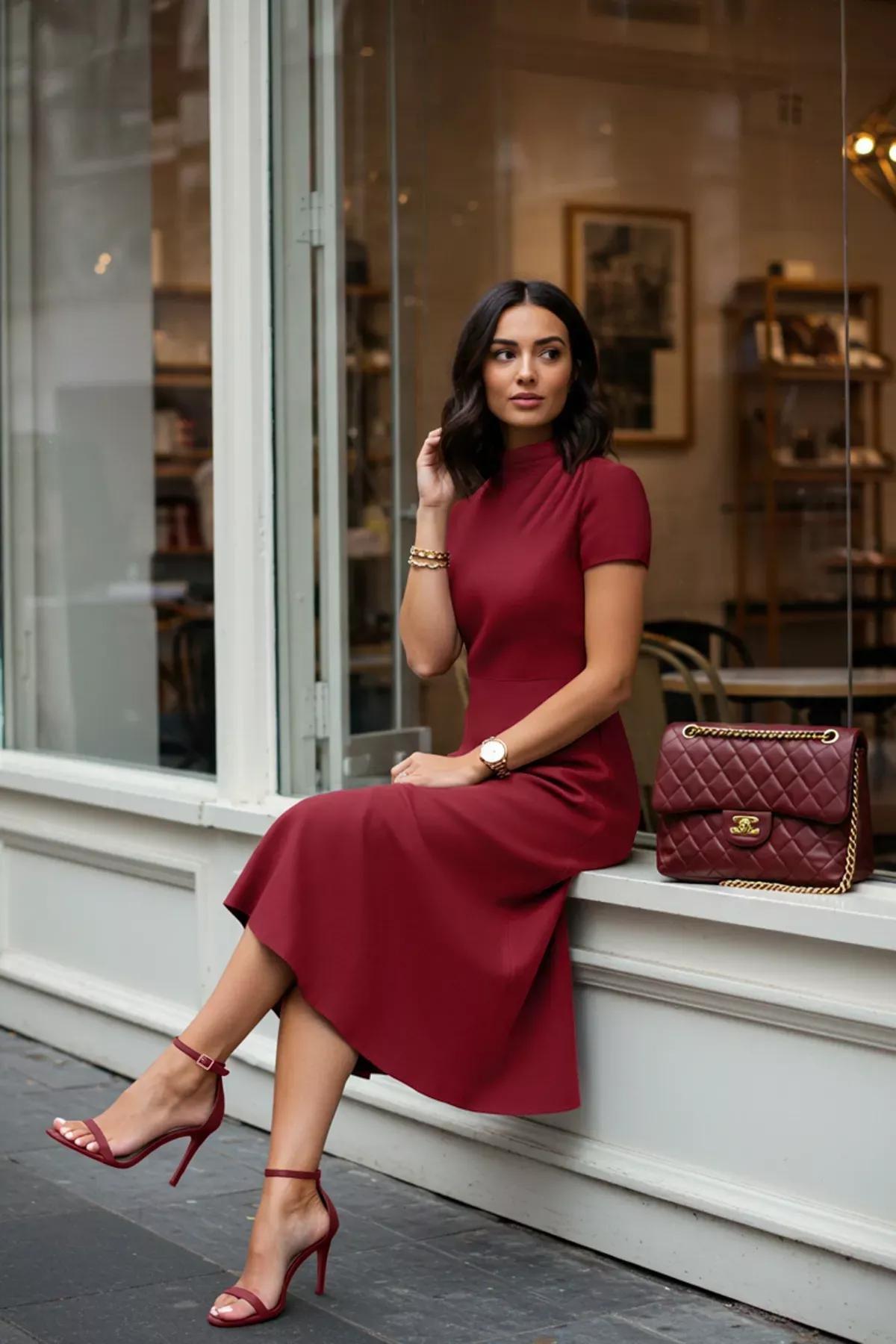 Burgundy Knitted Mixed Midi Woven Dress, C101_7277, large image number 1