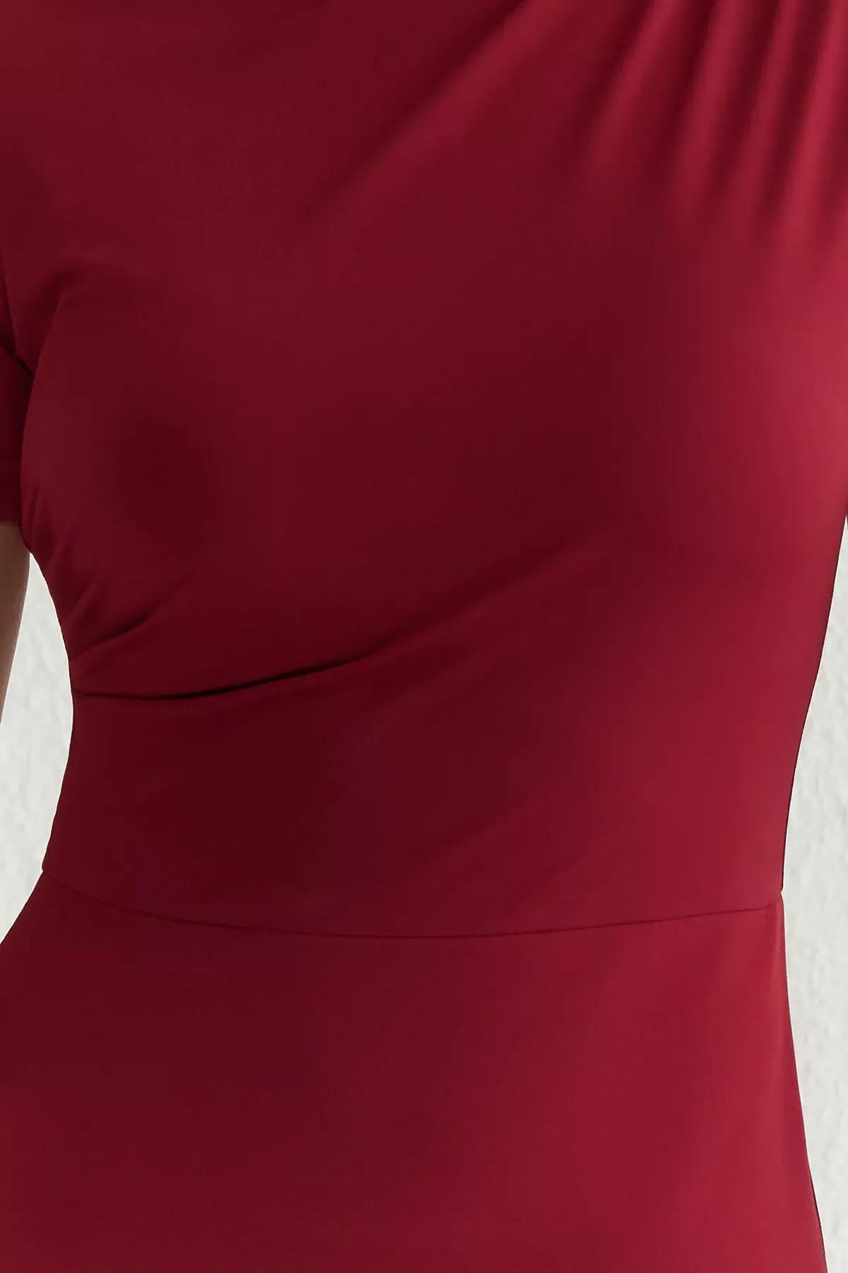 Burgundy Knitted Mixed Midi Woven Dress, , large image number 2