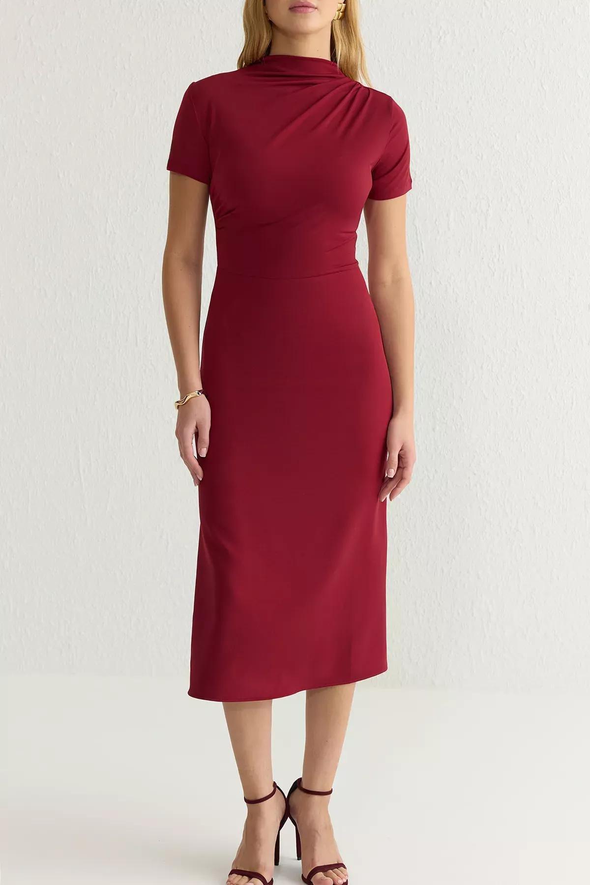 Burgundy Knitted Mixed Midi Woven Dress, , large image number 3
