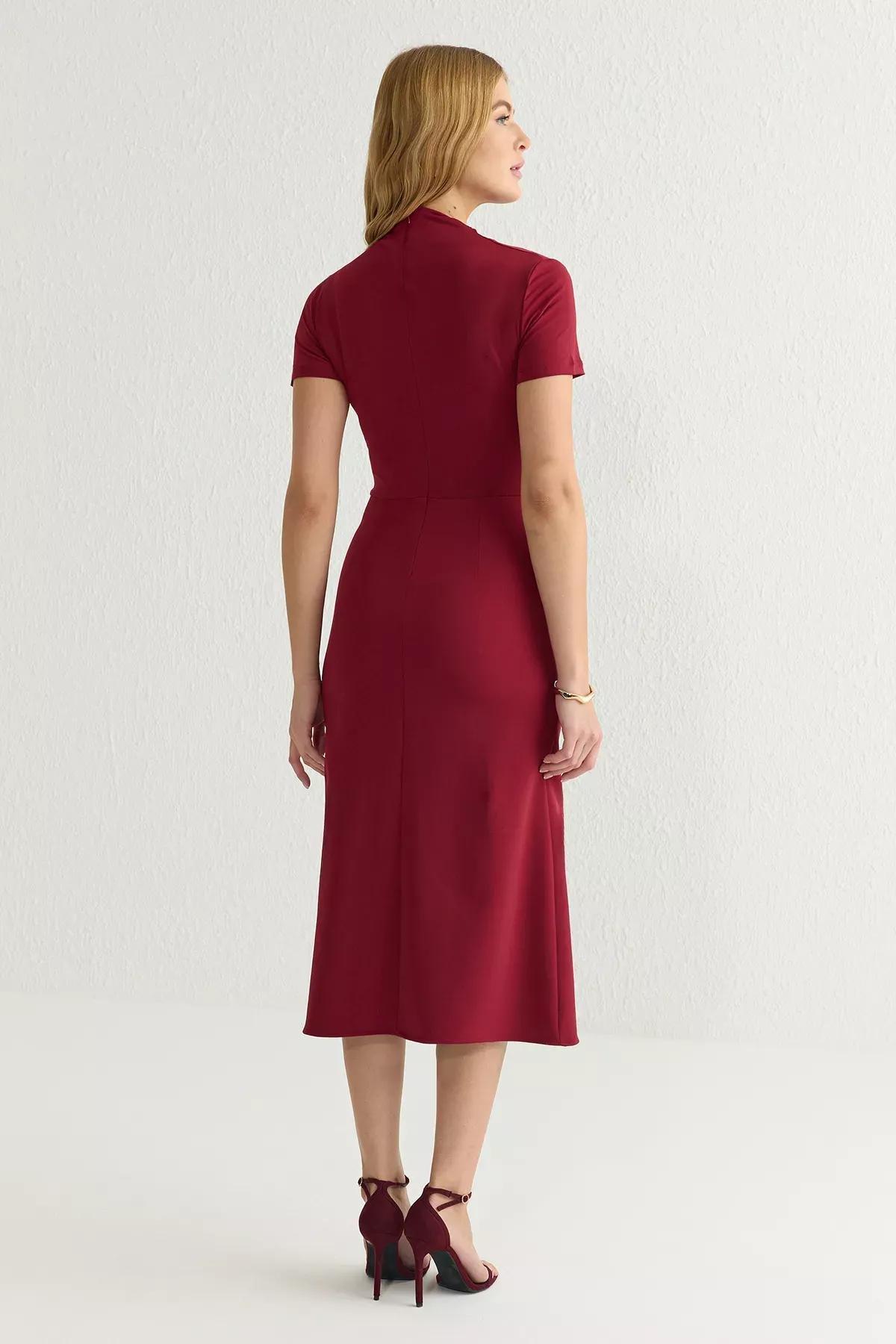 Burgundy Knitted Mixed Midi Woven Dress, , large image number 4