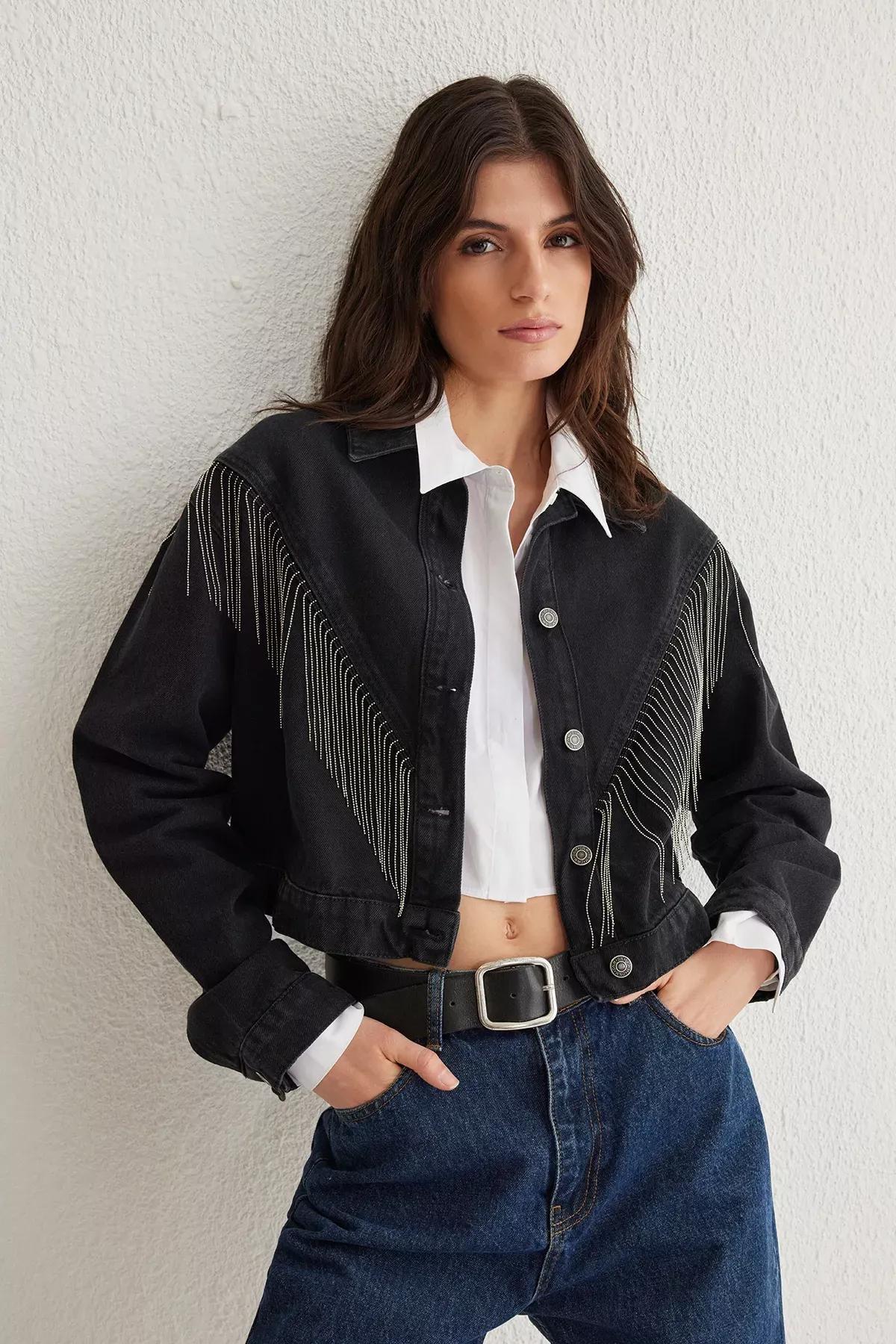 Black Tassel Oversize Denim Jacket, , large image number 0