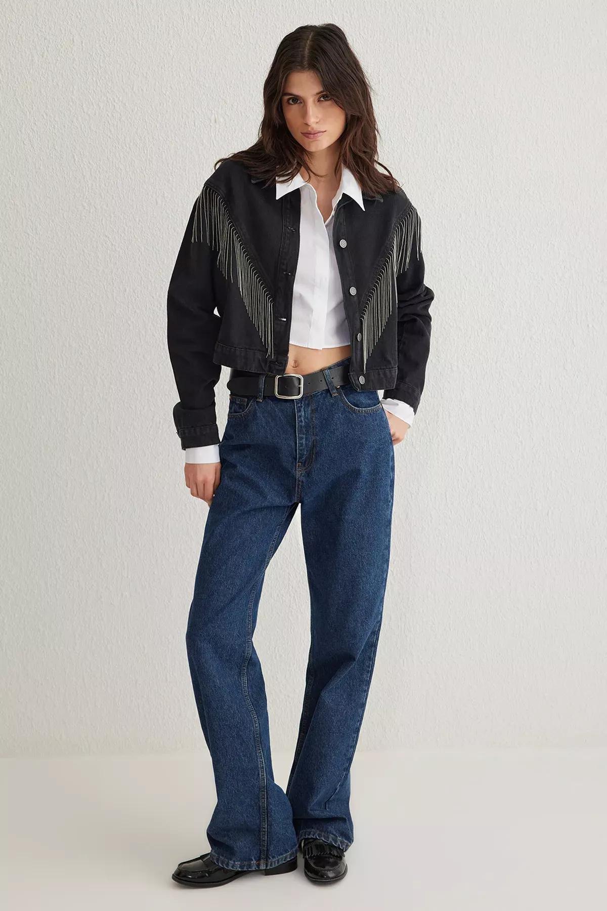 Black Tassel Oversize Denim Jacket, , large image number 1