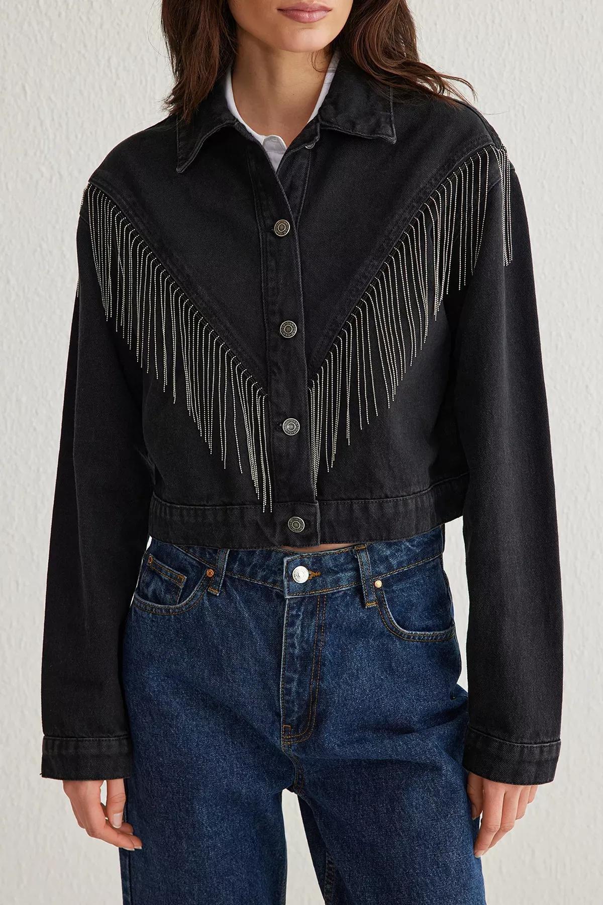 Black Tassel Oversize Denim Jacket, , large image number 2