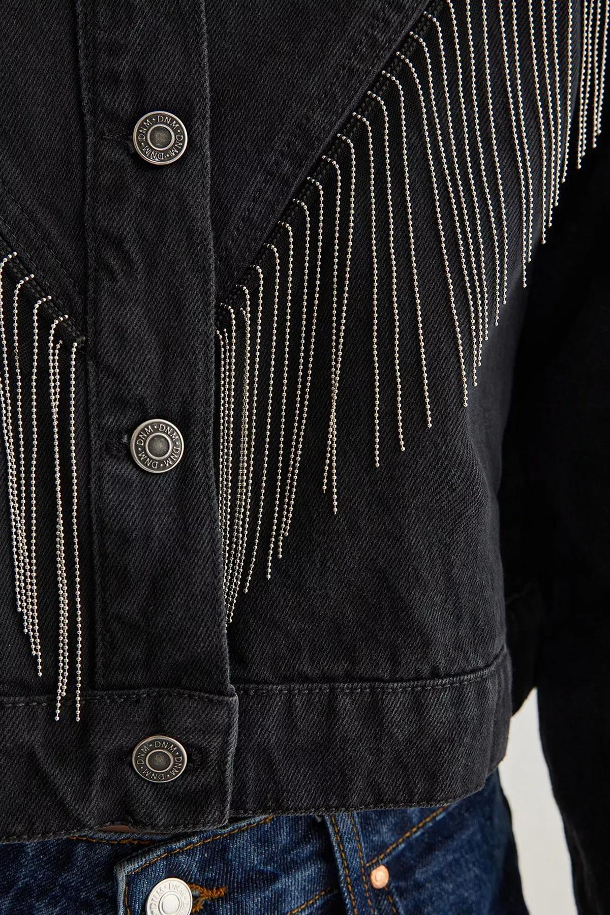 Black Tassel Oversize Denim Jacket, , large image number 3