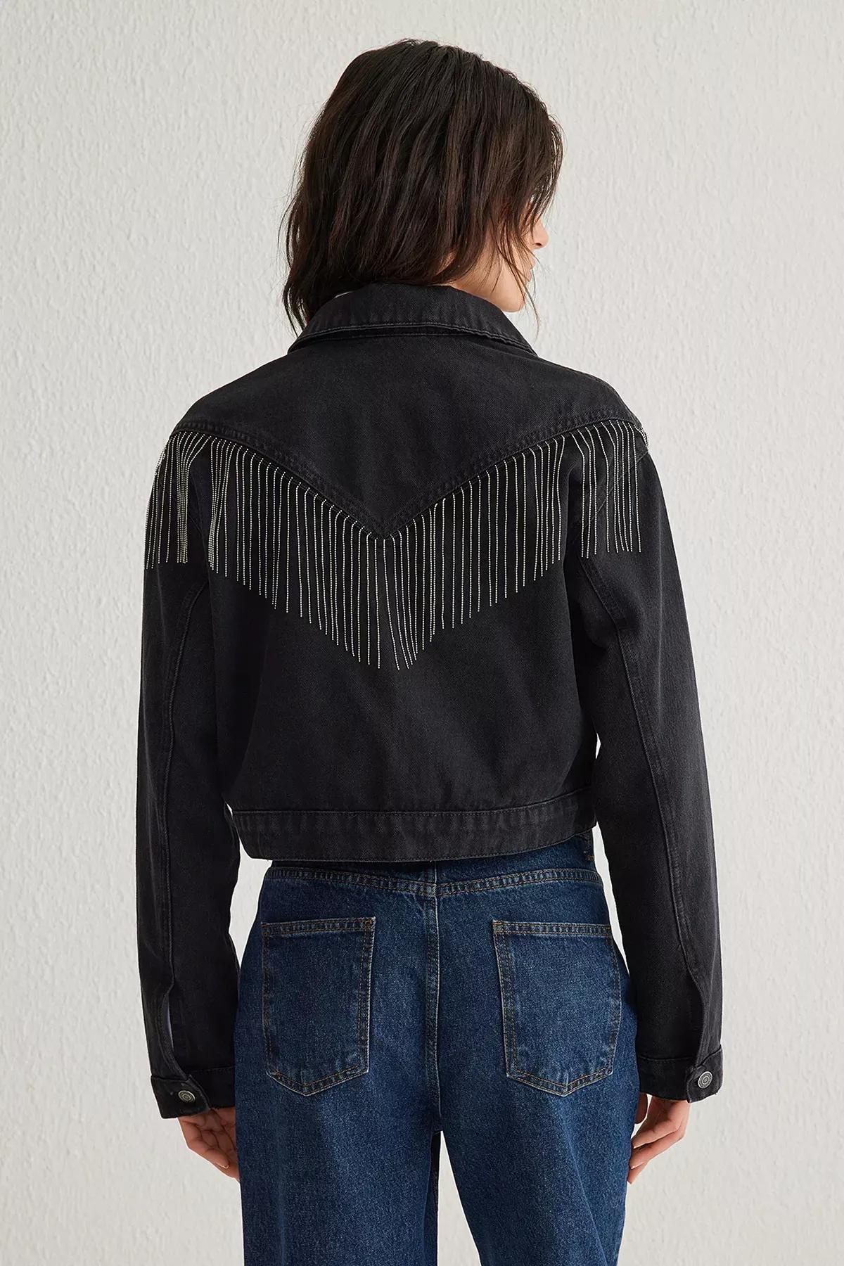 Black Tassel Oversize Denim Jacket, , large image number 4