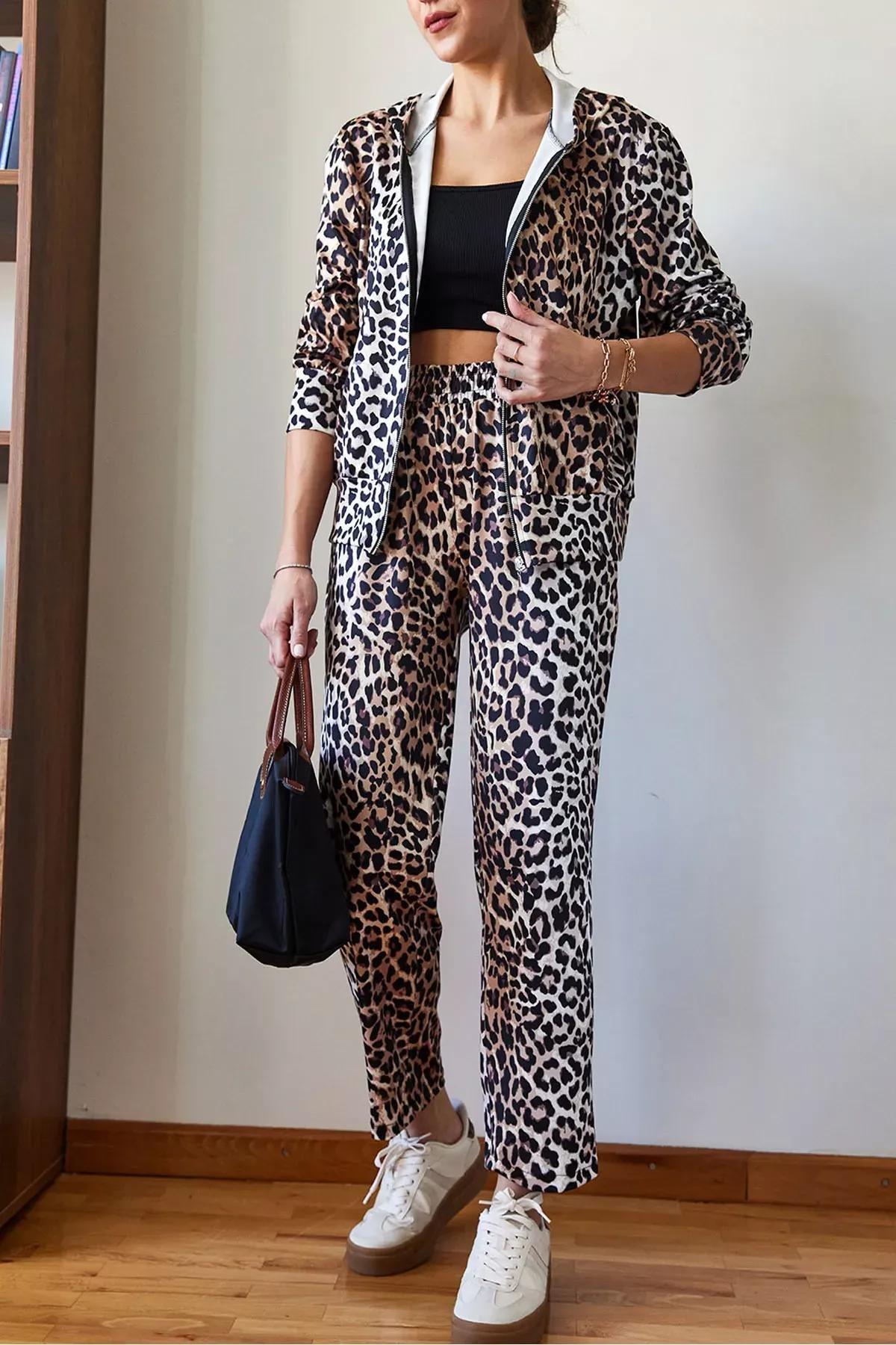 Cream Leopard Print Lounge Suit, , large image number 1