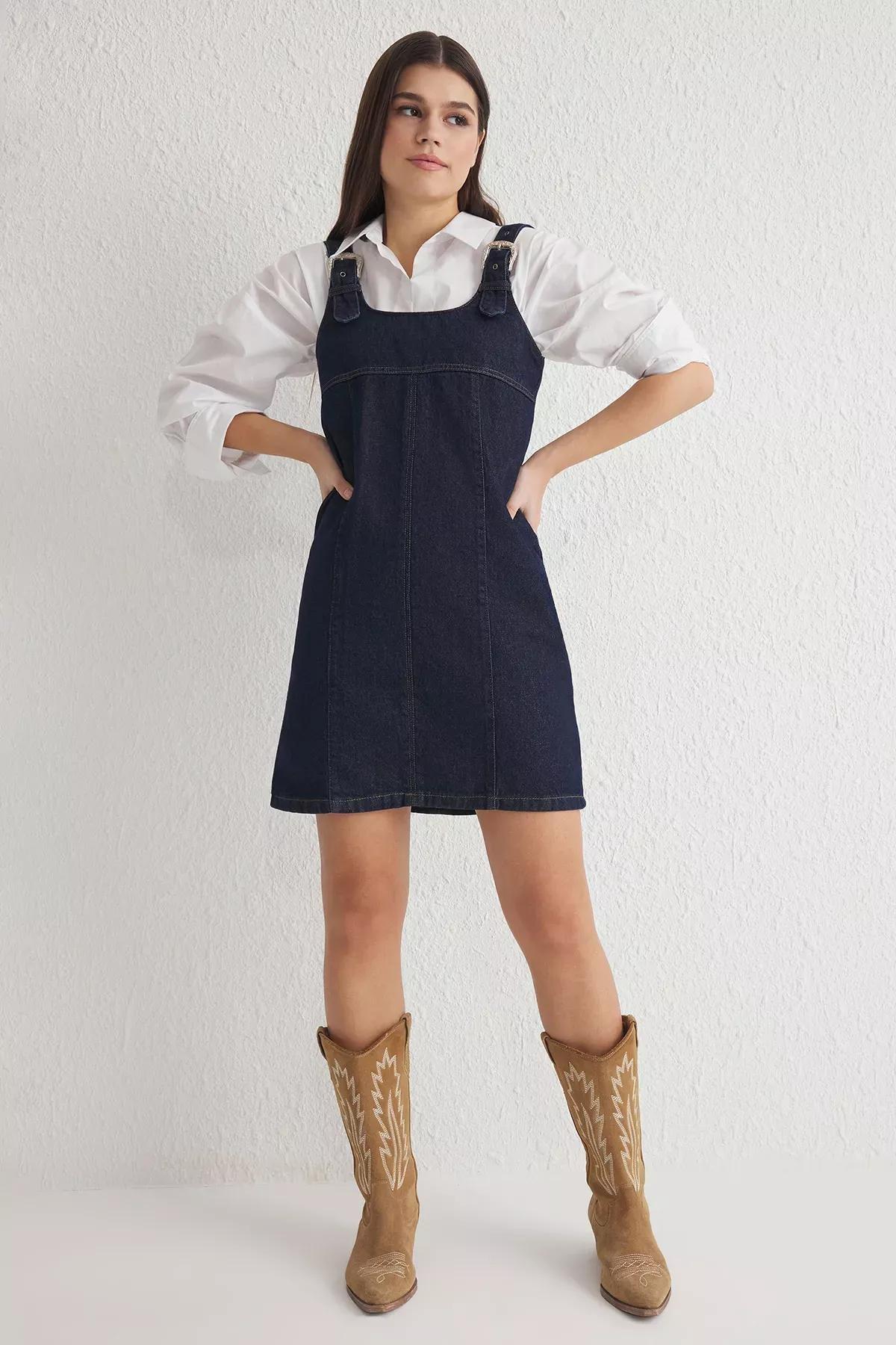 Blue Buckled Adjustable Strap Mini Denim Dress, , large image number 0