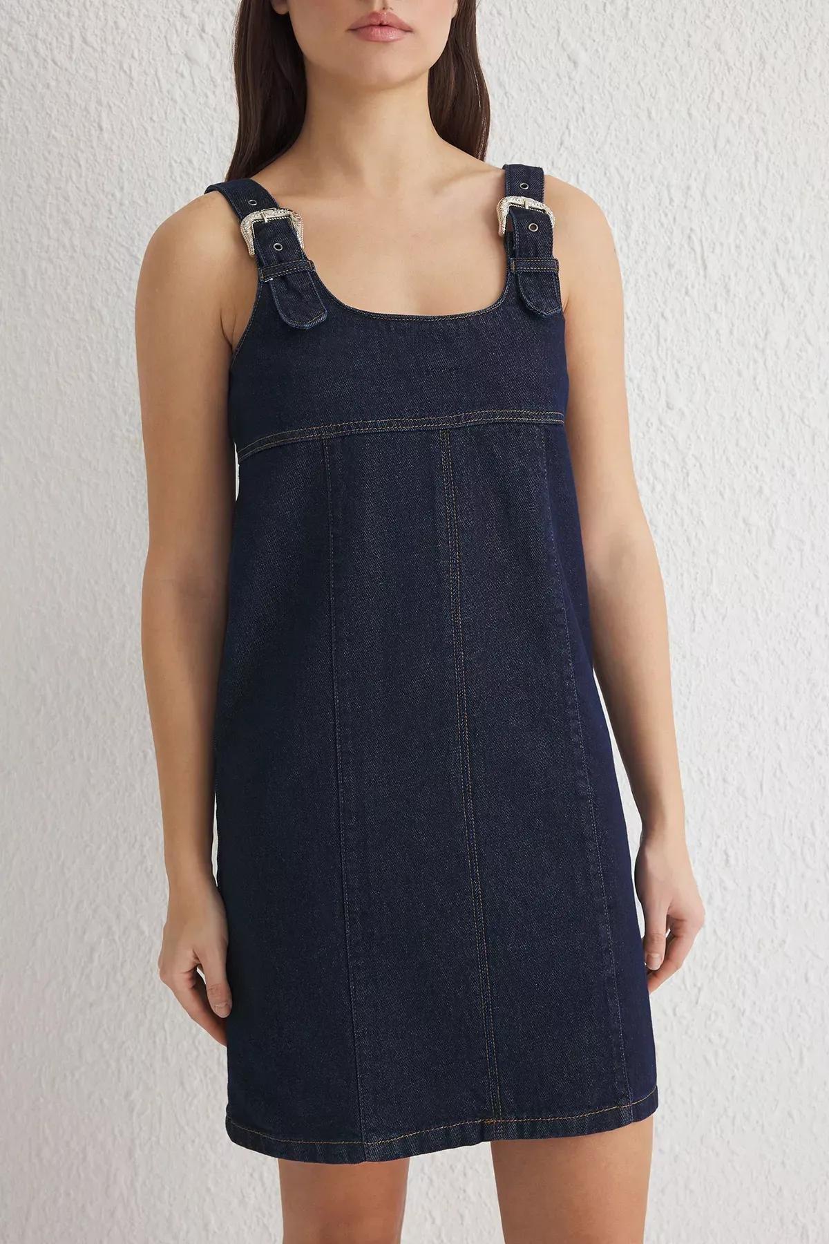 Blue Buckled Adjustable Strap Mini Denim Dress, , large image number 2