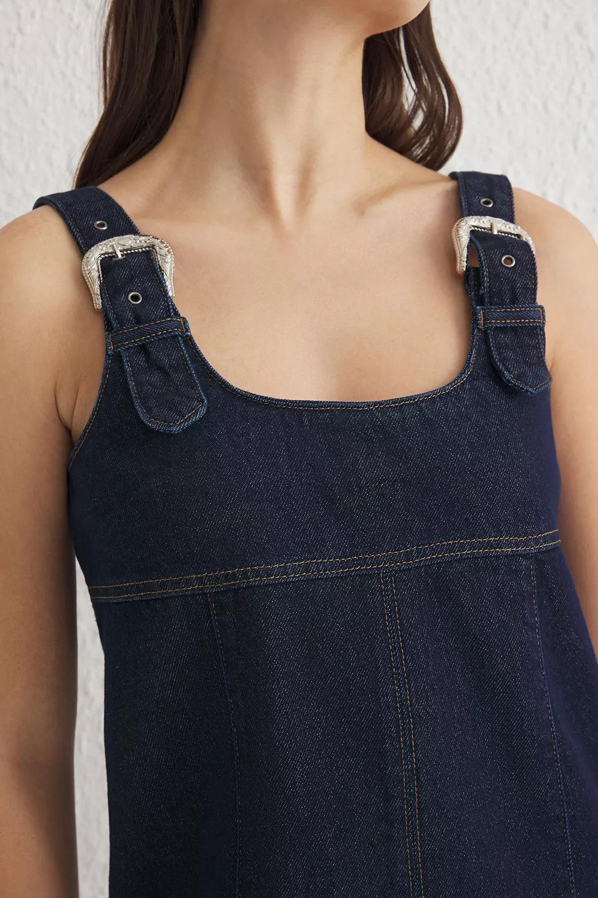 Blue Buckled Adjustable Strap Mini Denim Dress, , large image number 3