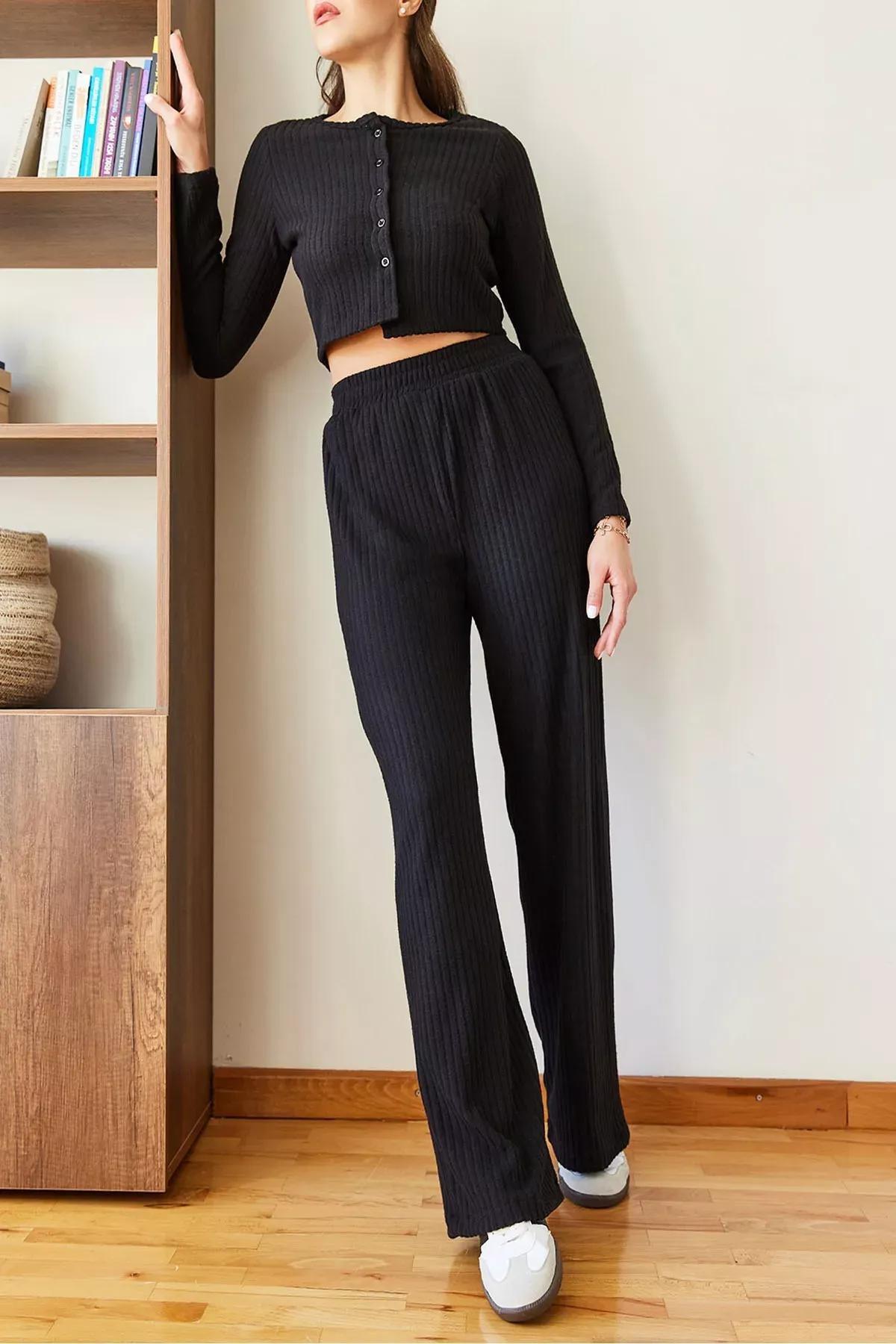Black Regular Ribbed Top and Pants Set, BLACK, medium