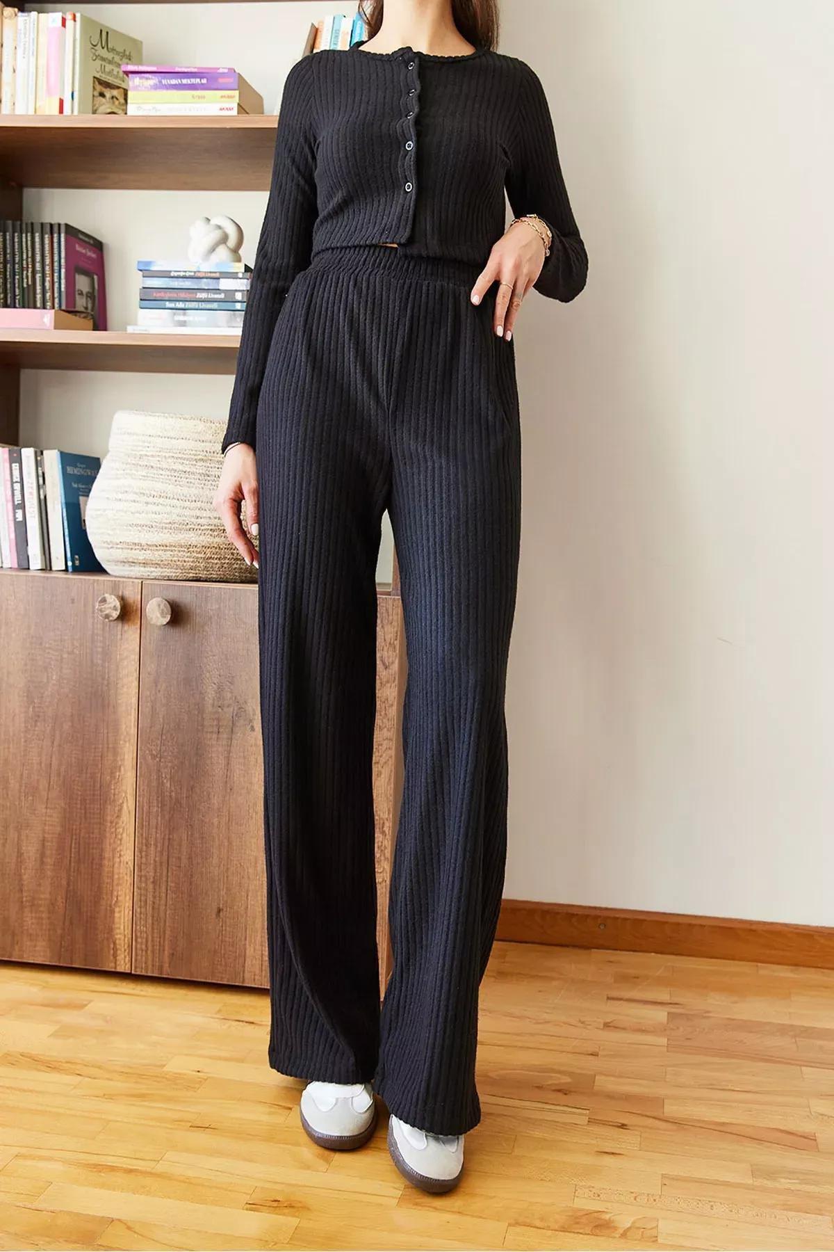 Black Regular Ribbed Top and Pants Set, BLACK, medium