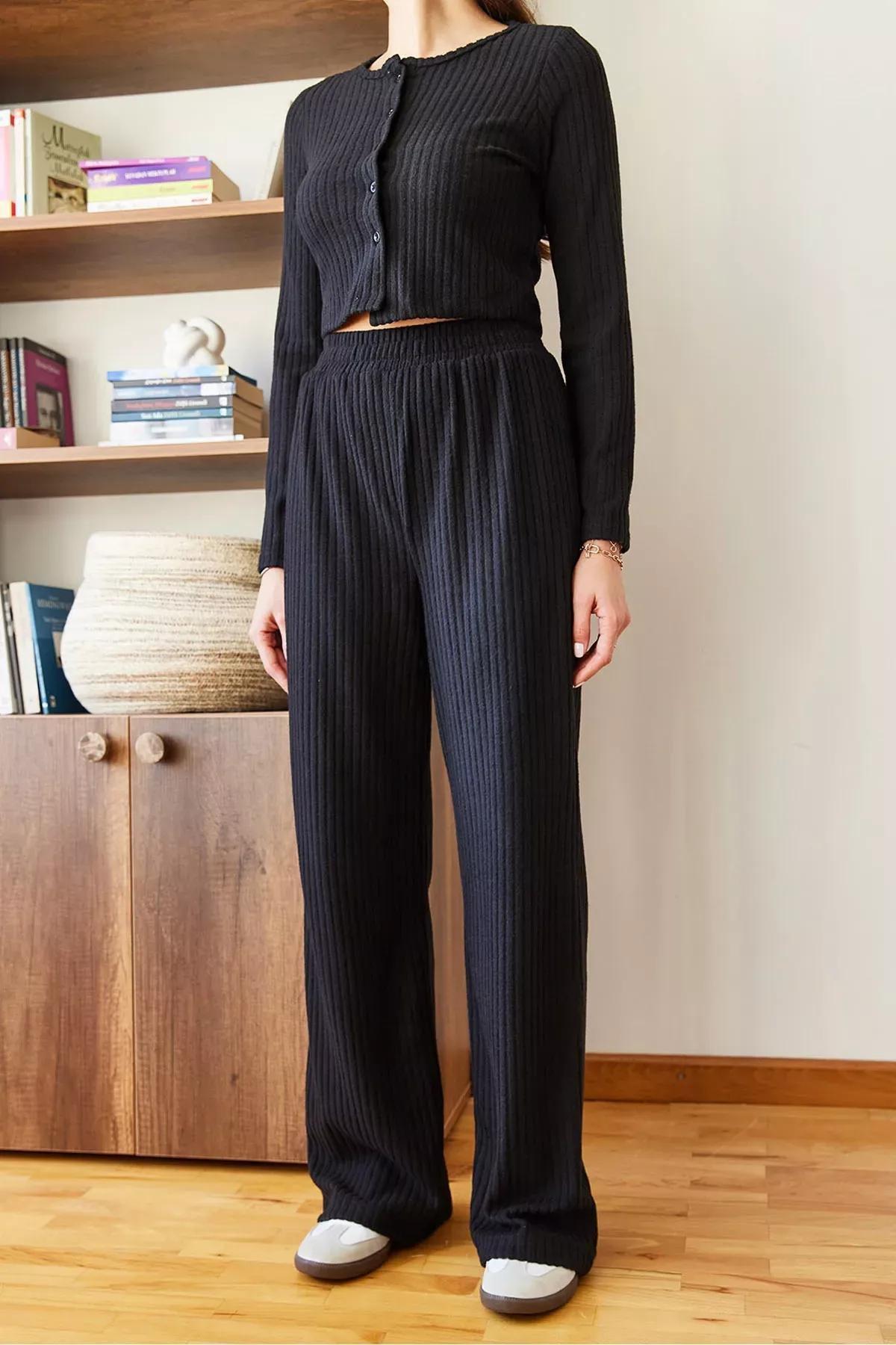 Black Regular Ribbed Top and Pants Set, BLACK, medium