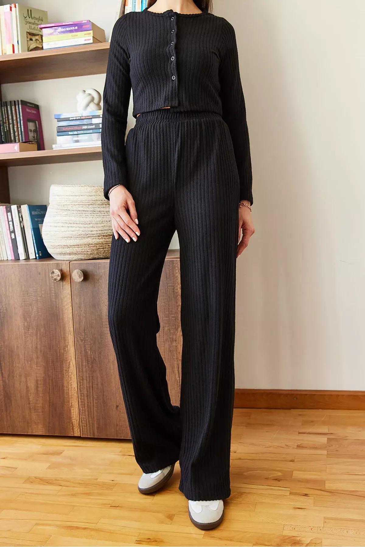 Black Regular Ribbed Top and Pants Set, , large image number 3