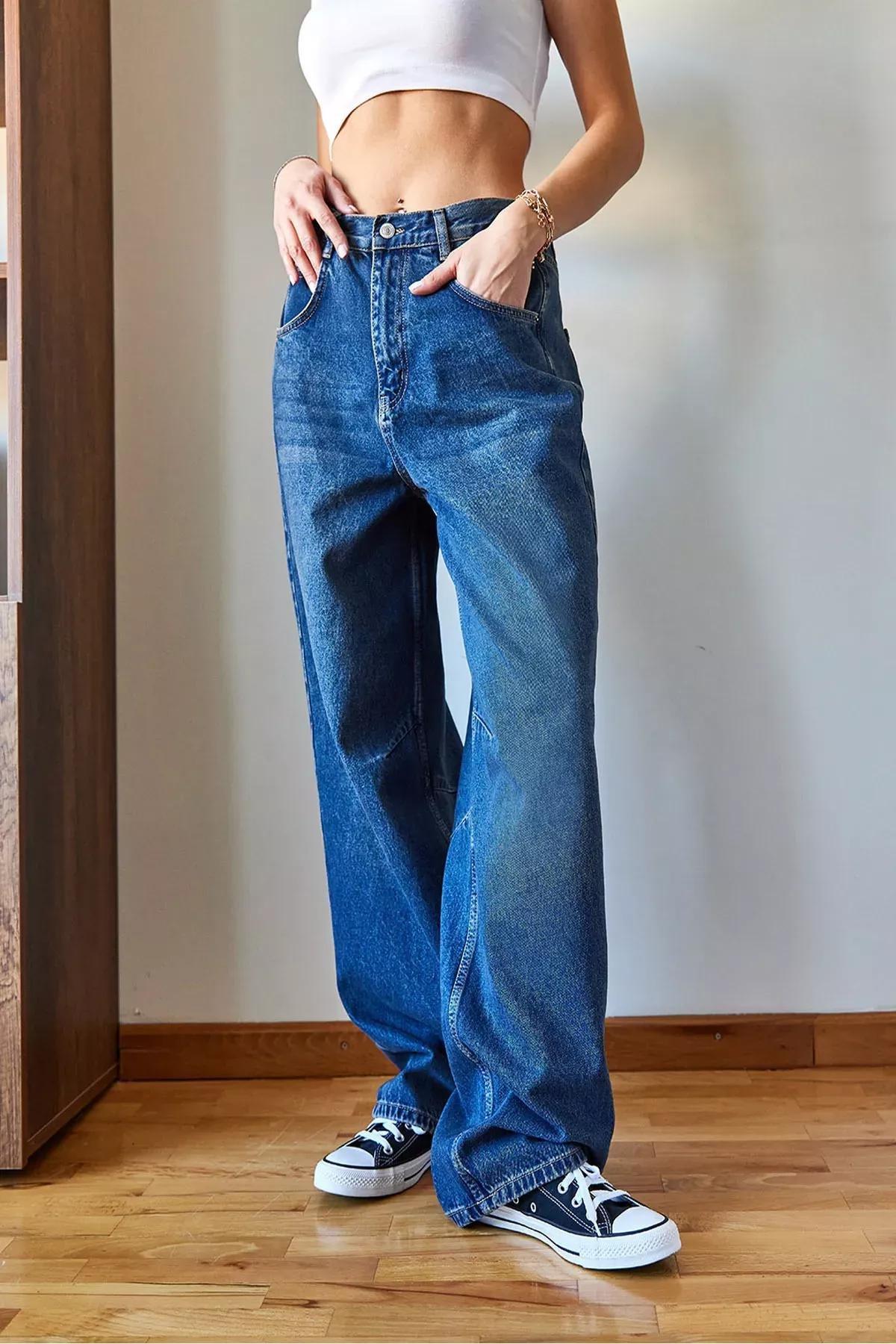 Blue Wide-Leg Baggy Denim Trousers, Blue, large image number 0