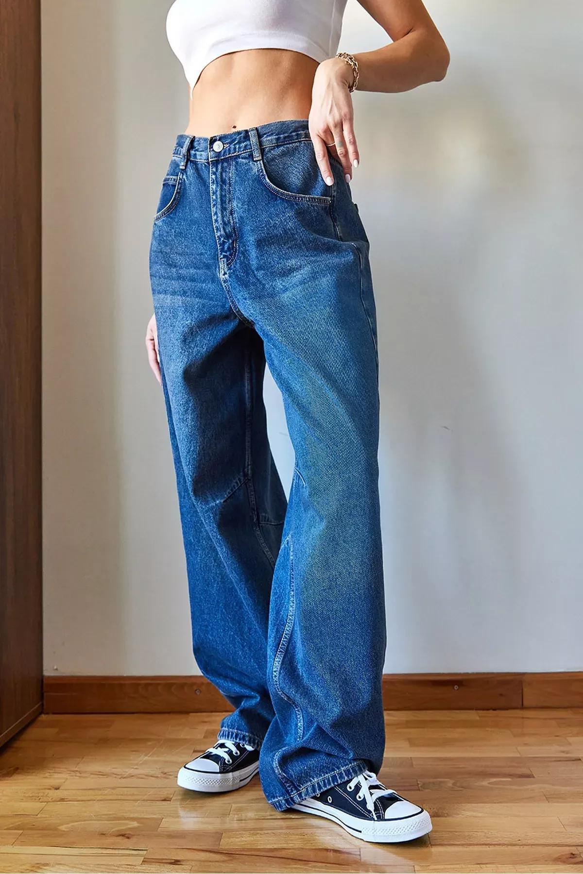 Blue Wide-Leg Baggy Denim Trousers, Blue, large image number 1
