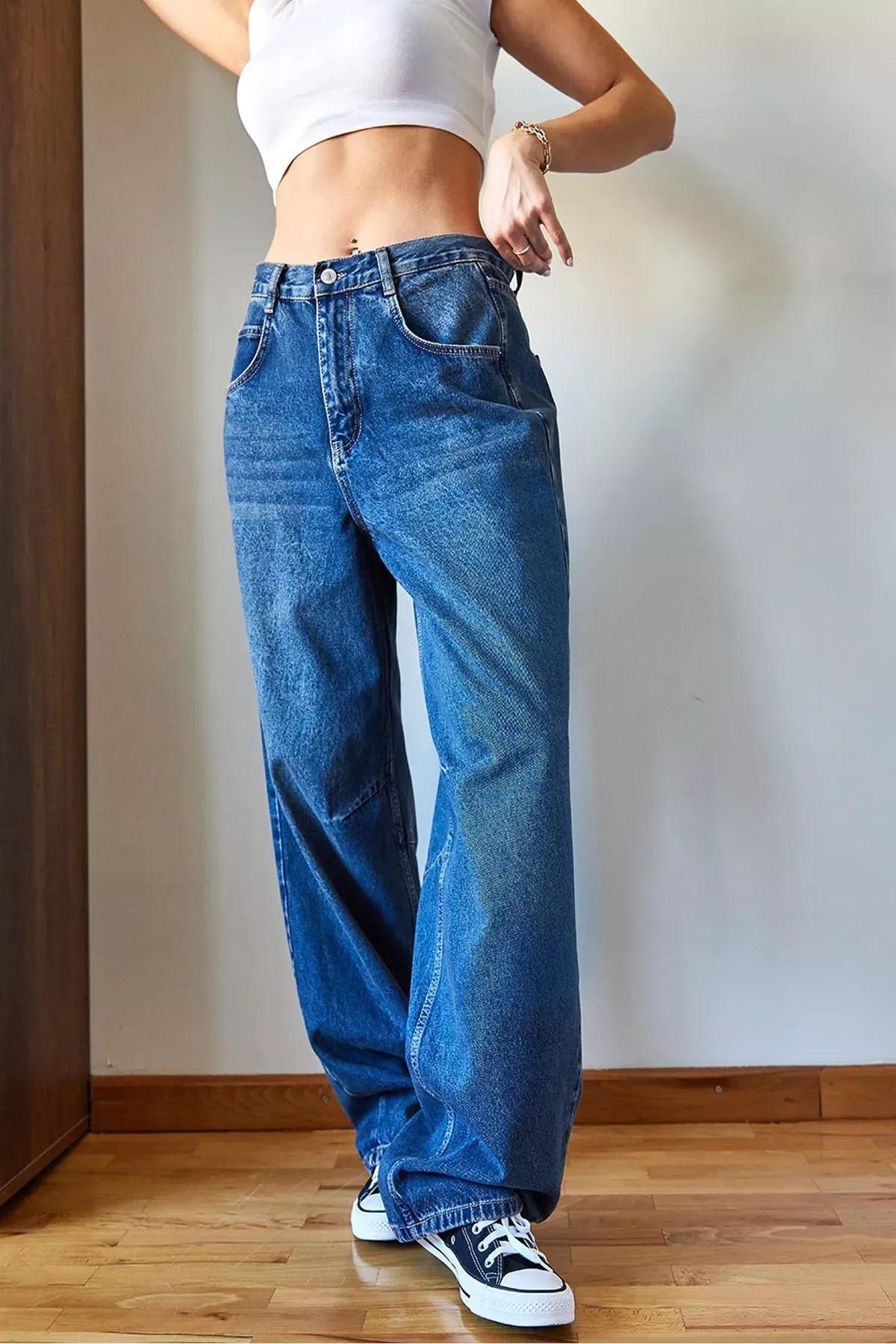 Blue Wide-Leg Baggy Denim Trousers, Blue, large image number 2