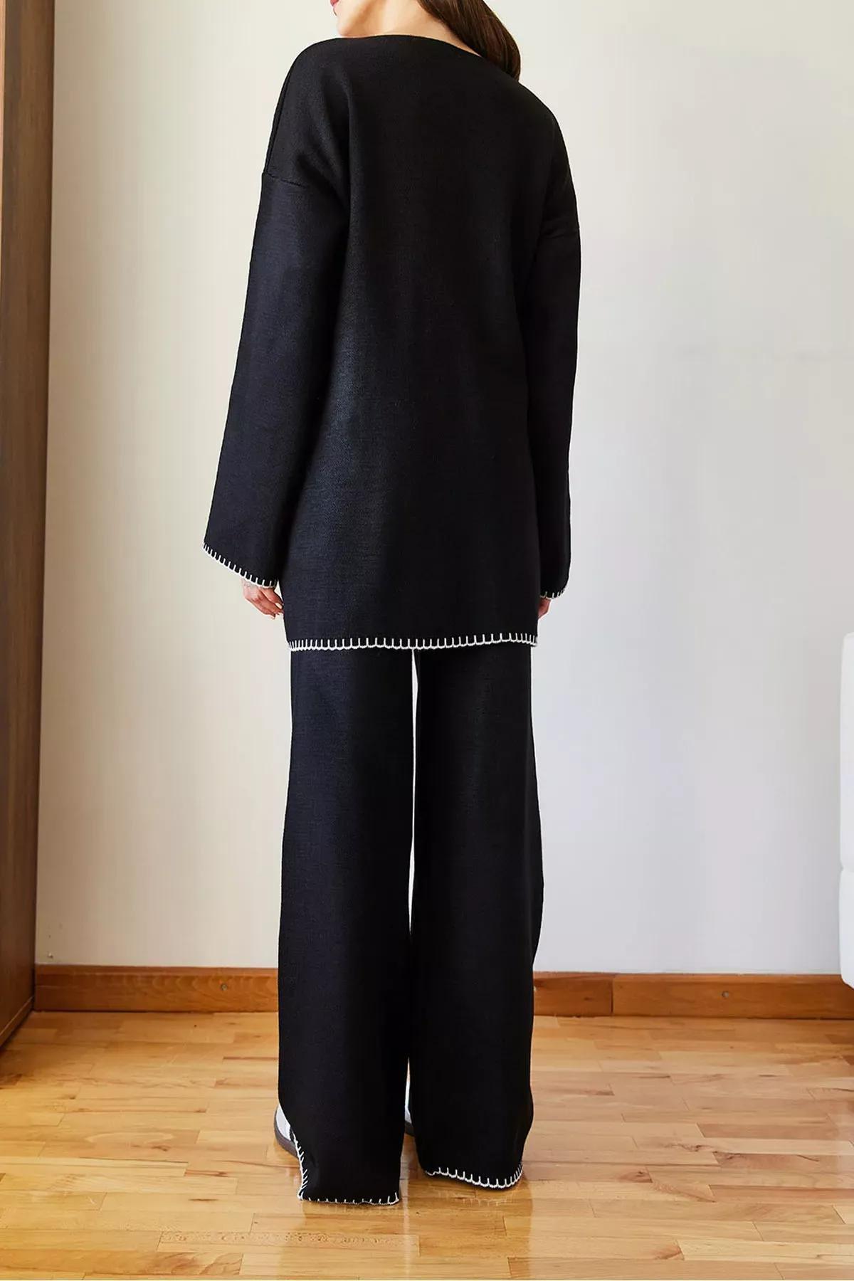 Black Embroidered Knitted Co-Ord Set, BLACK, large image number 2