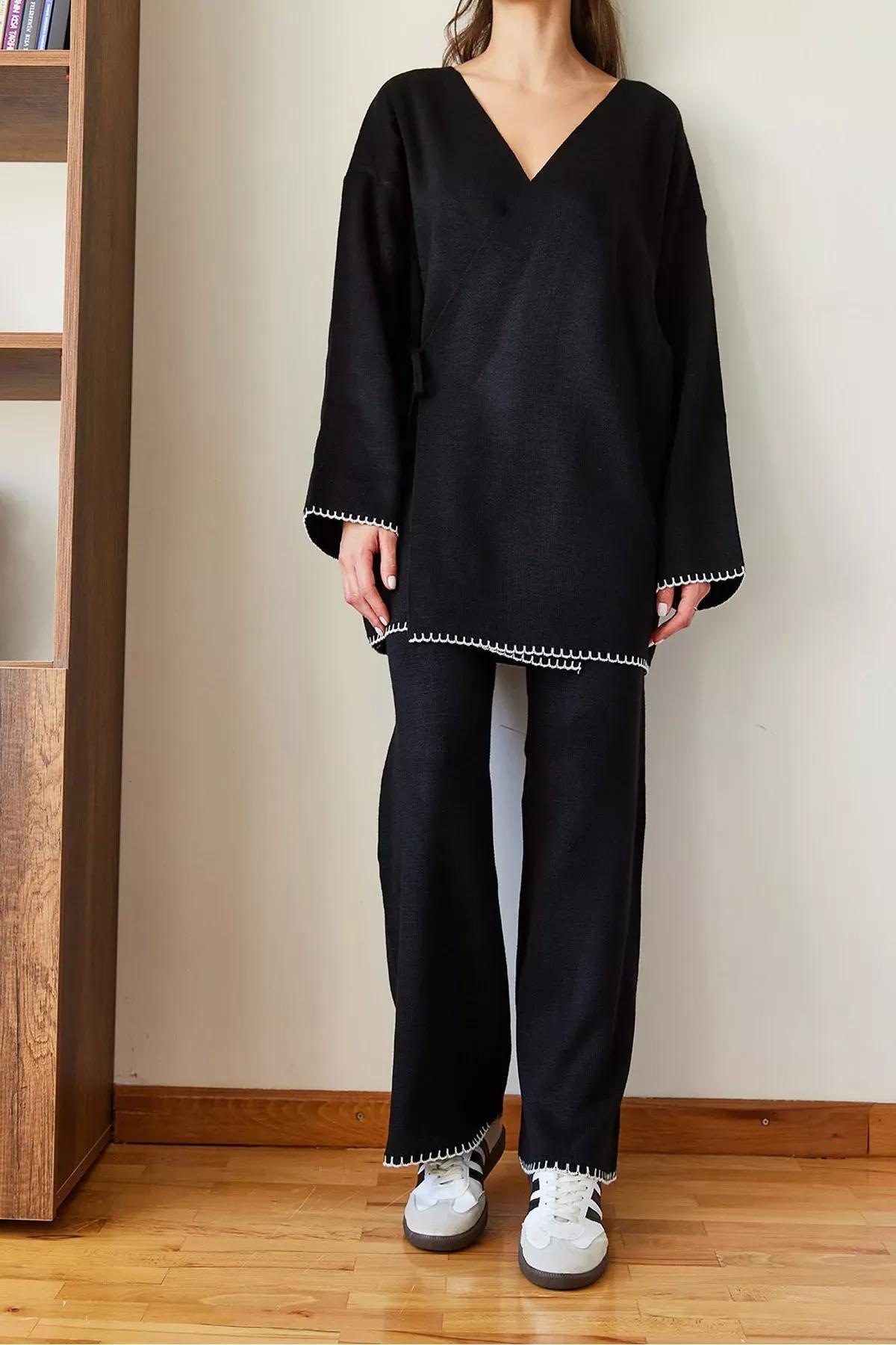 Black Embroidered Knitted Co-Ord Set, BLACK, large image number 3