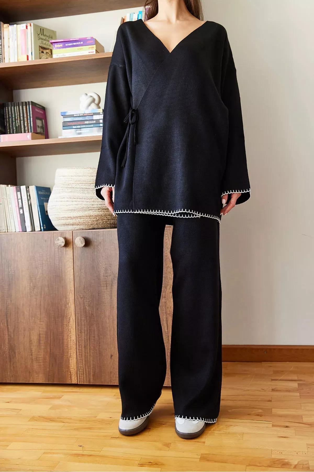 Black Embroidered Knitted Co-Ord Set, BLACK, large image number 4