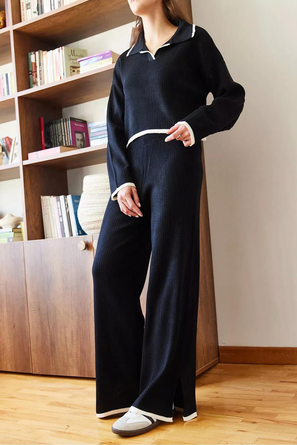 Black Knitwear Top Bottom Suit, BLACK, large image number 0