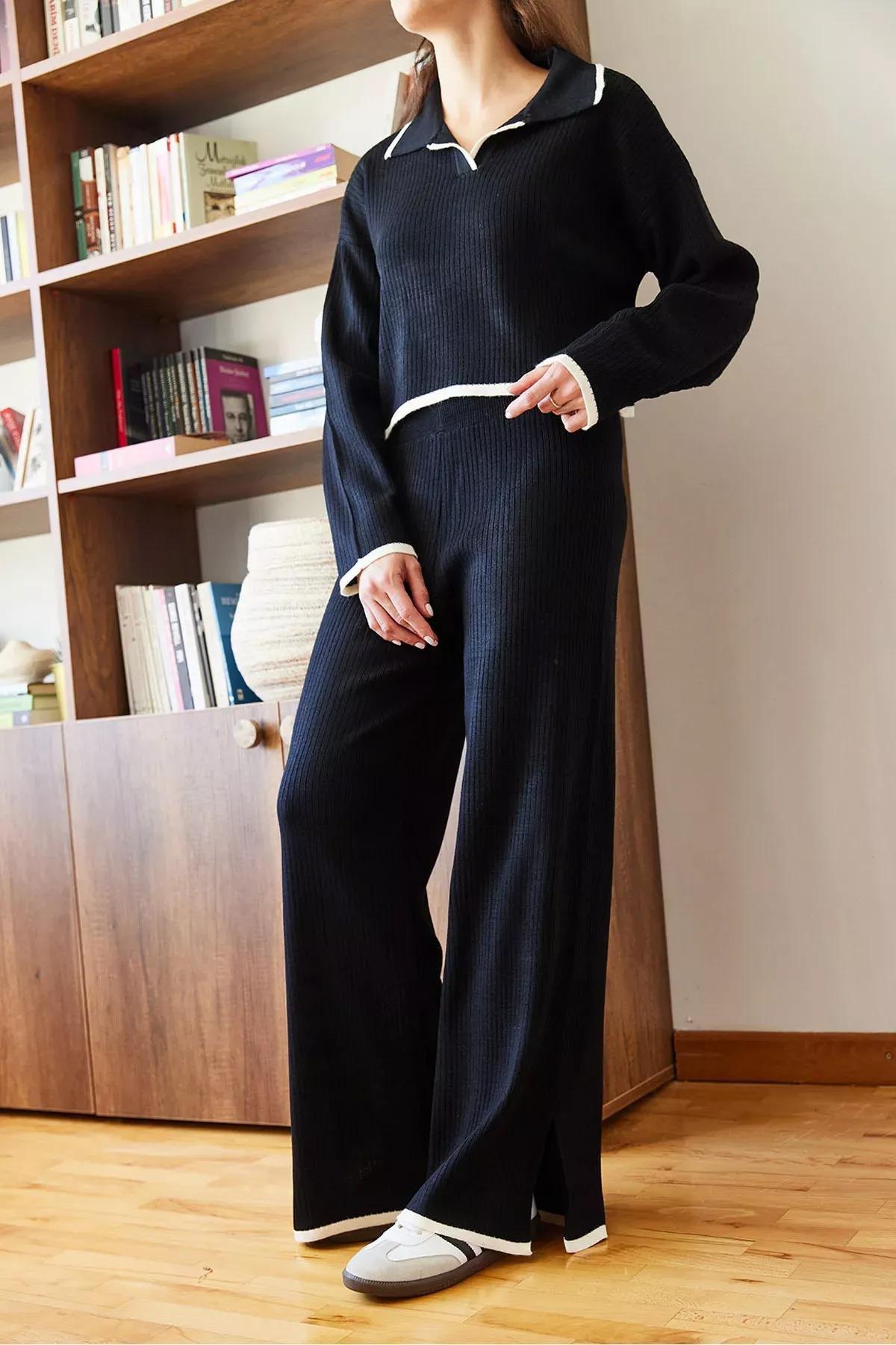 Black Knitwear Top Bottom Suit, BLACK, large image number 4