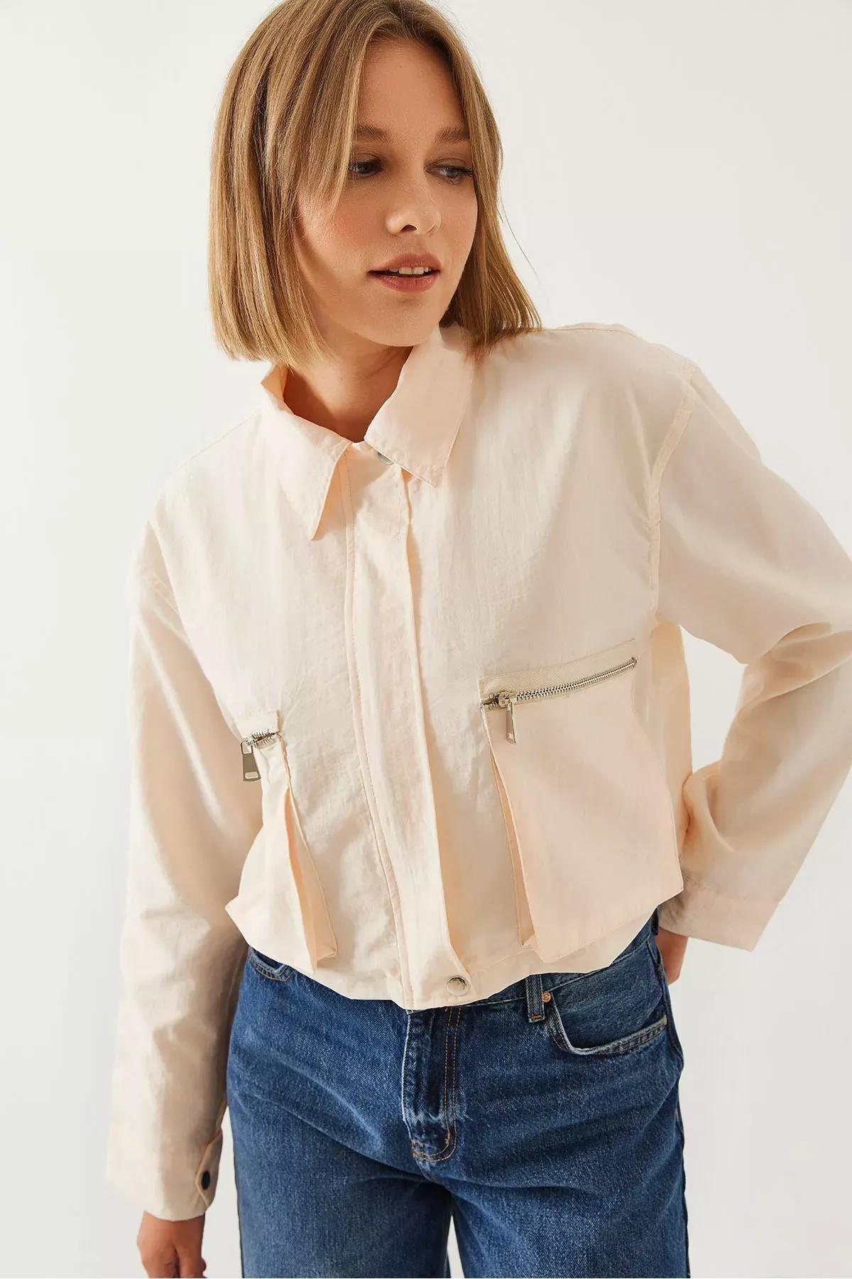 Bellows Pocket Parachute Crop Jacket, Beige, large image number 0