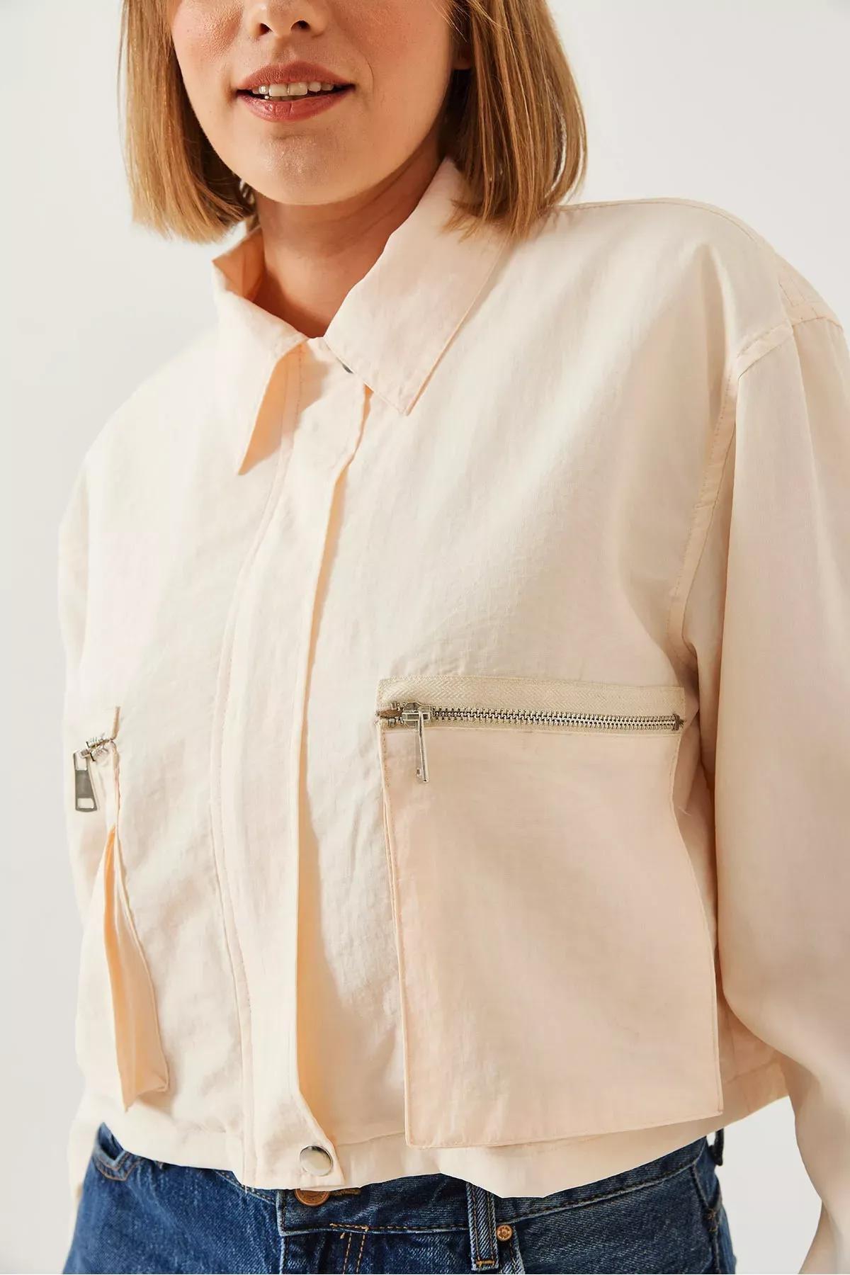 Bellows Pocket Parachute Crop Jacket, Beige, medium